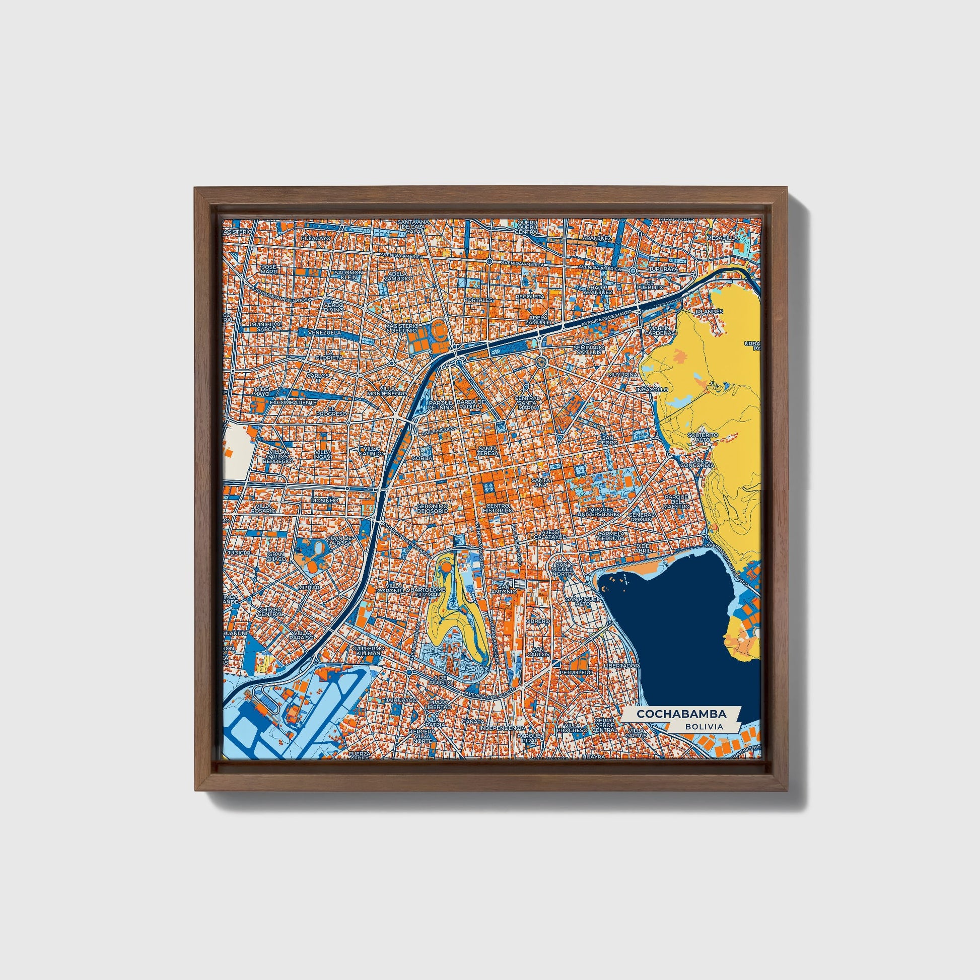 Cochabamba Bolivia Colorful City Map Canvas Print • Dark Wooden Framed