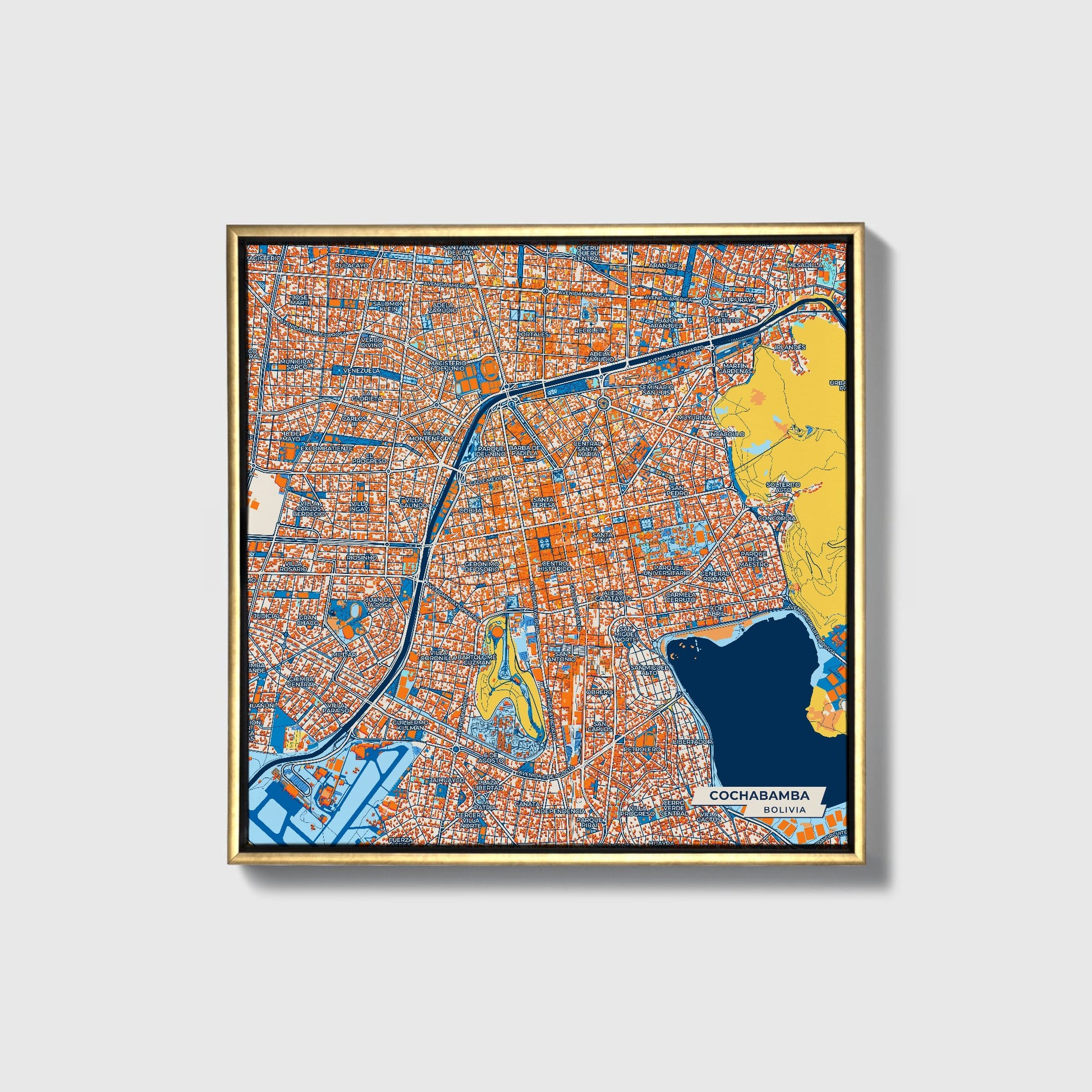 Cochabamba Bolivia Colorful City Map Canvas Print • Gold Framed