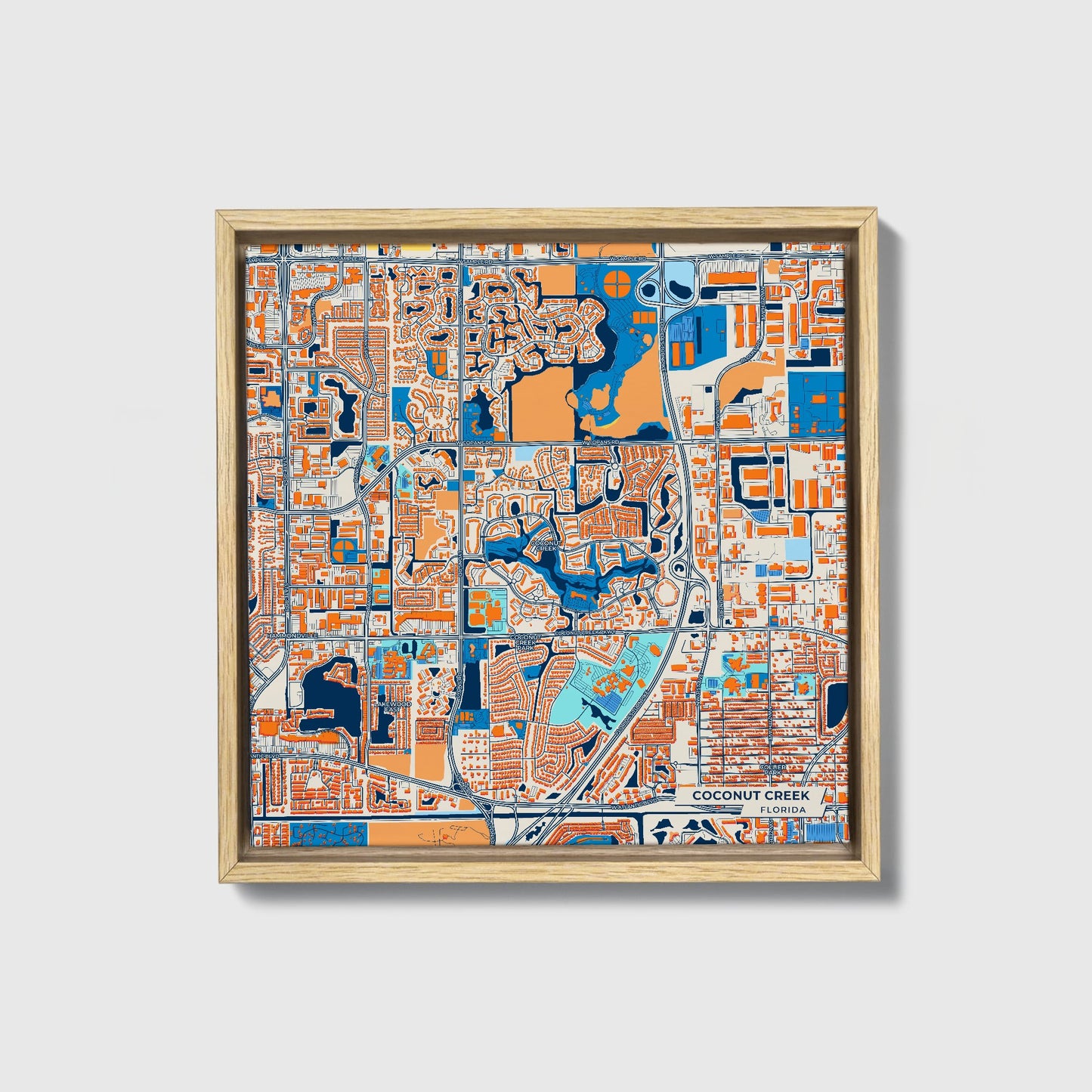 Coconut Creek Florida Colorful City Map Canvas Print • Natural Wooden Framed