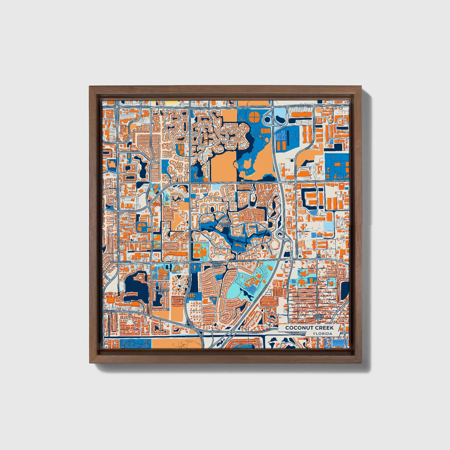Coconut Creek Florida Colorful City Map Canvas Print • Dark Wooden Framed