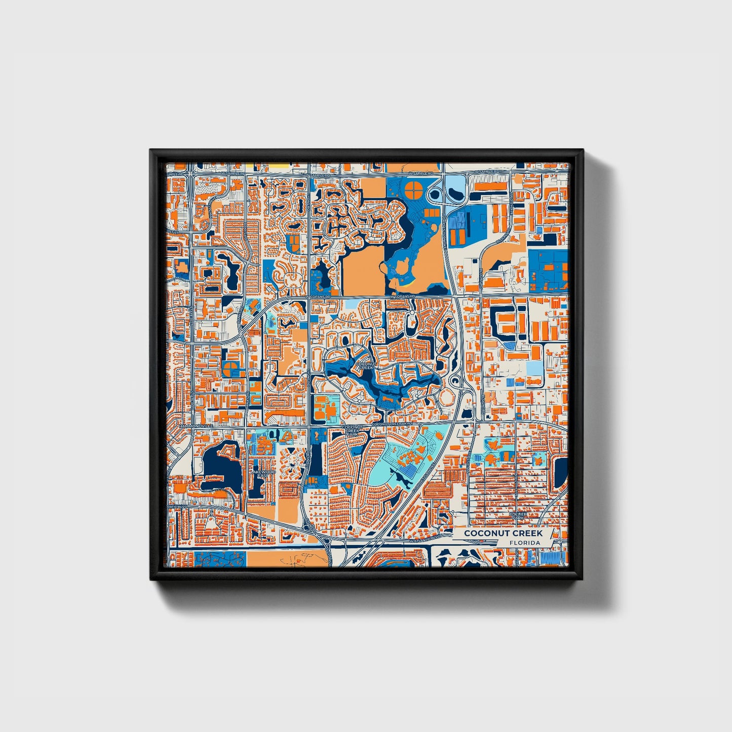 Coconut Creek Florida Colorful City Map Canvas Print • Black Framed