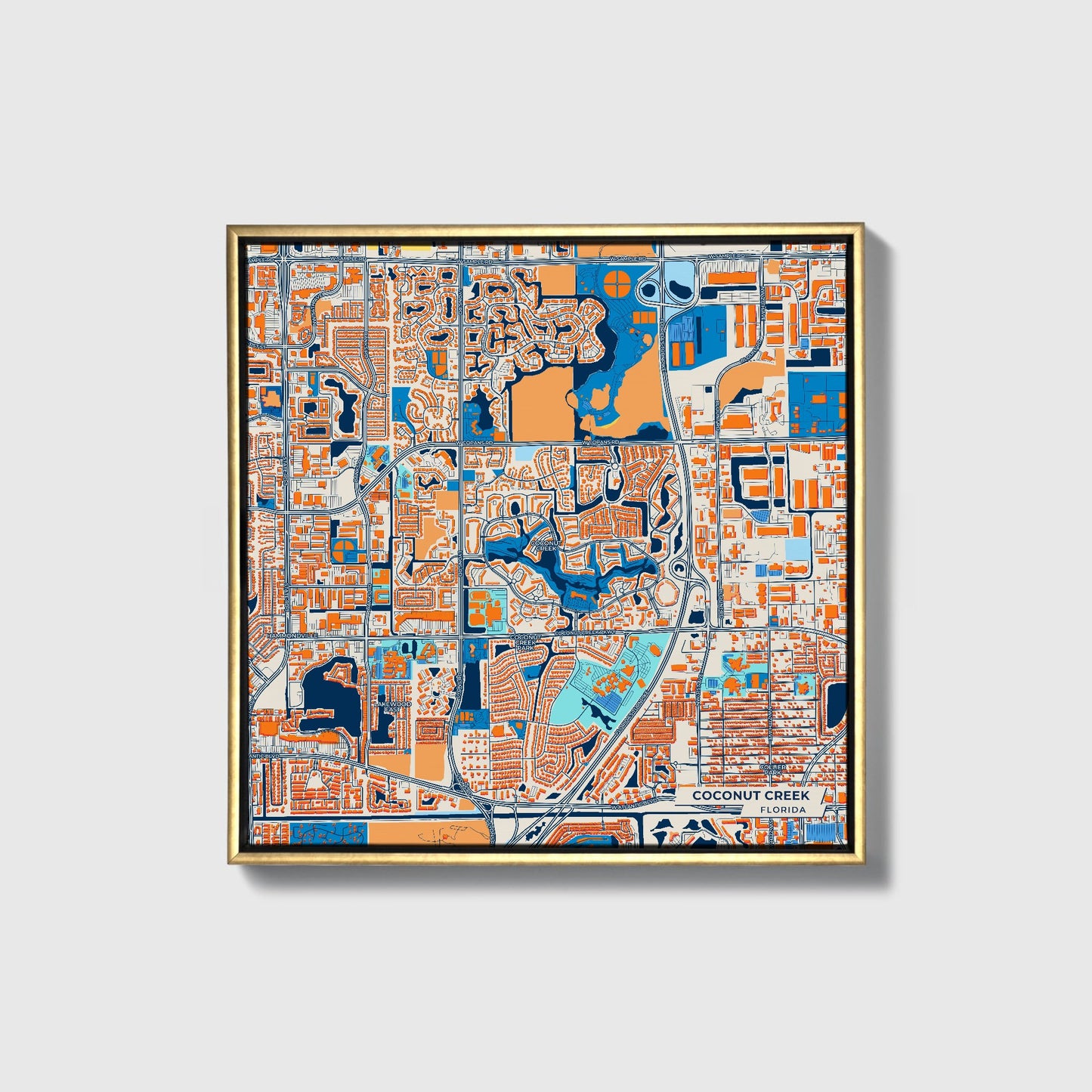 Coconut Creek Florida Colorful City Map Canvas Print • Gold Framed