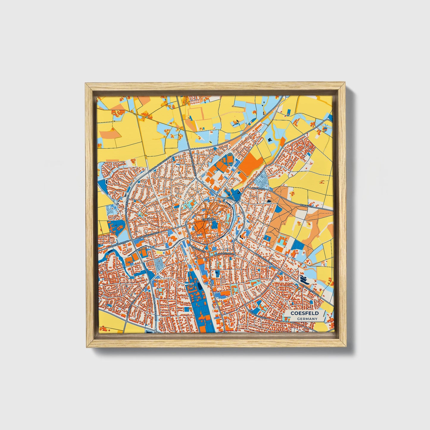 Coesfeld Germany Colorful City Map Canvas Print • Natural Wooden Framed