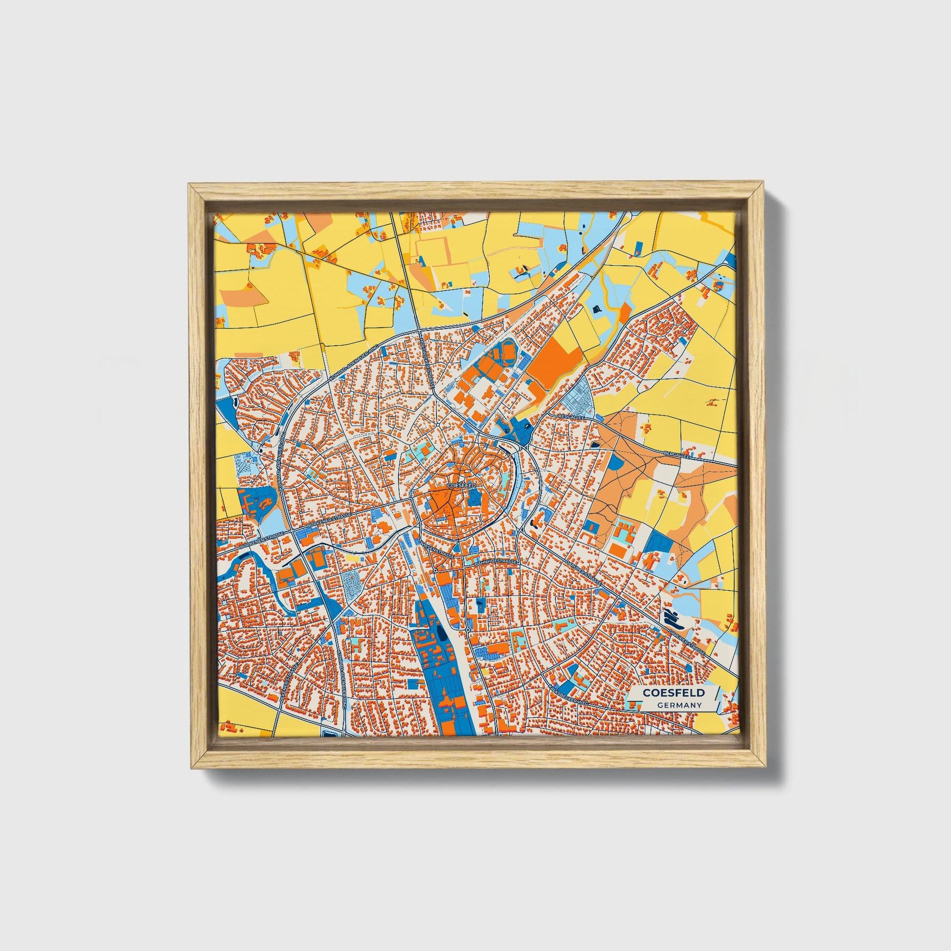 Coesfeld Germany Colorful City Map Canvas Print • Natural Wooden Framed