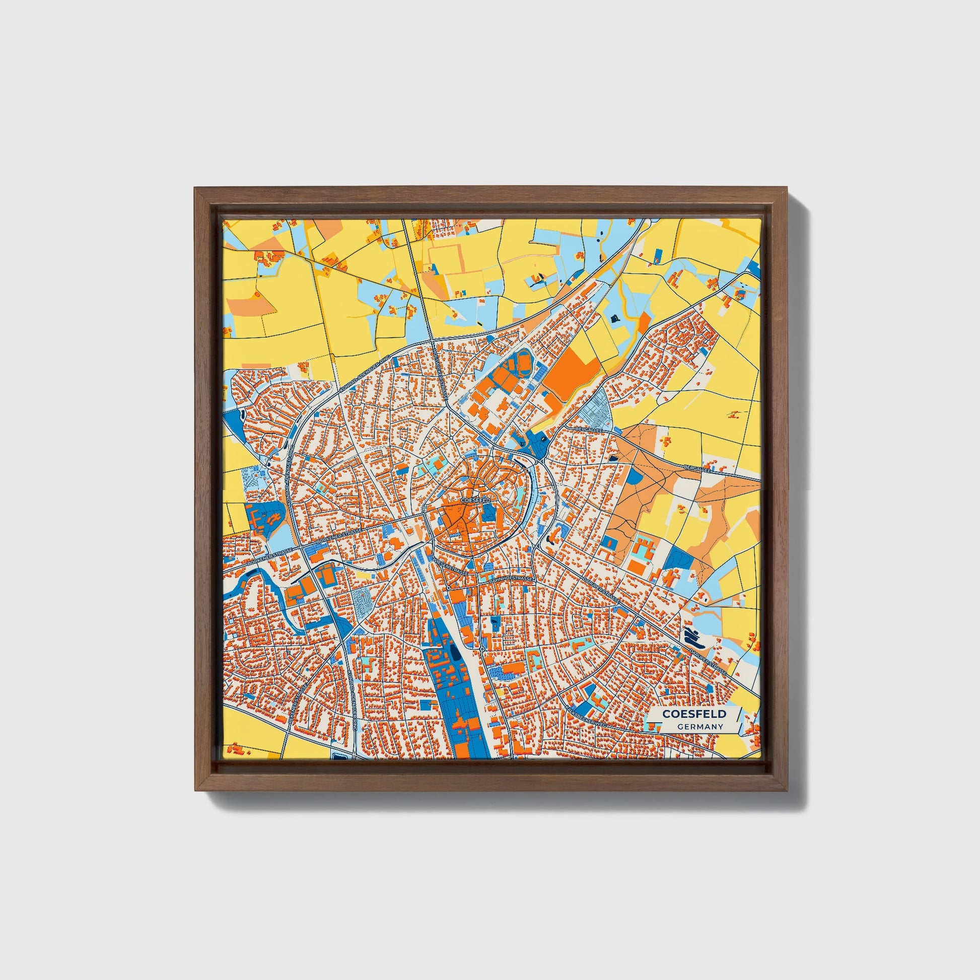 Coesfeld Germany Colorful City Map Canvas Print • Dark Wooden Framed