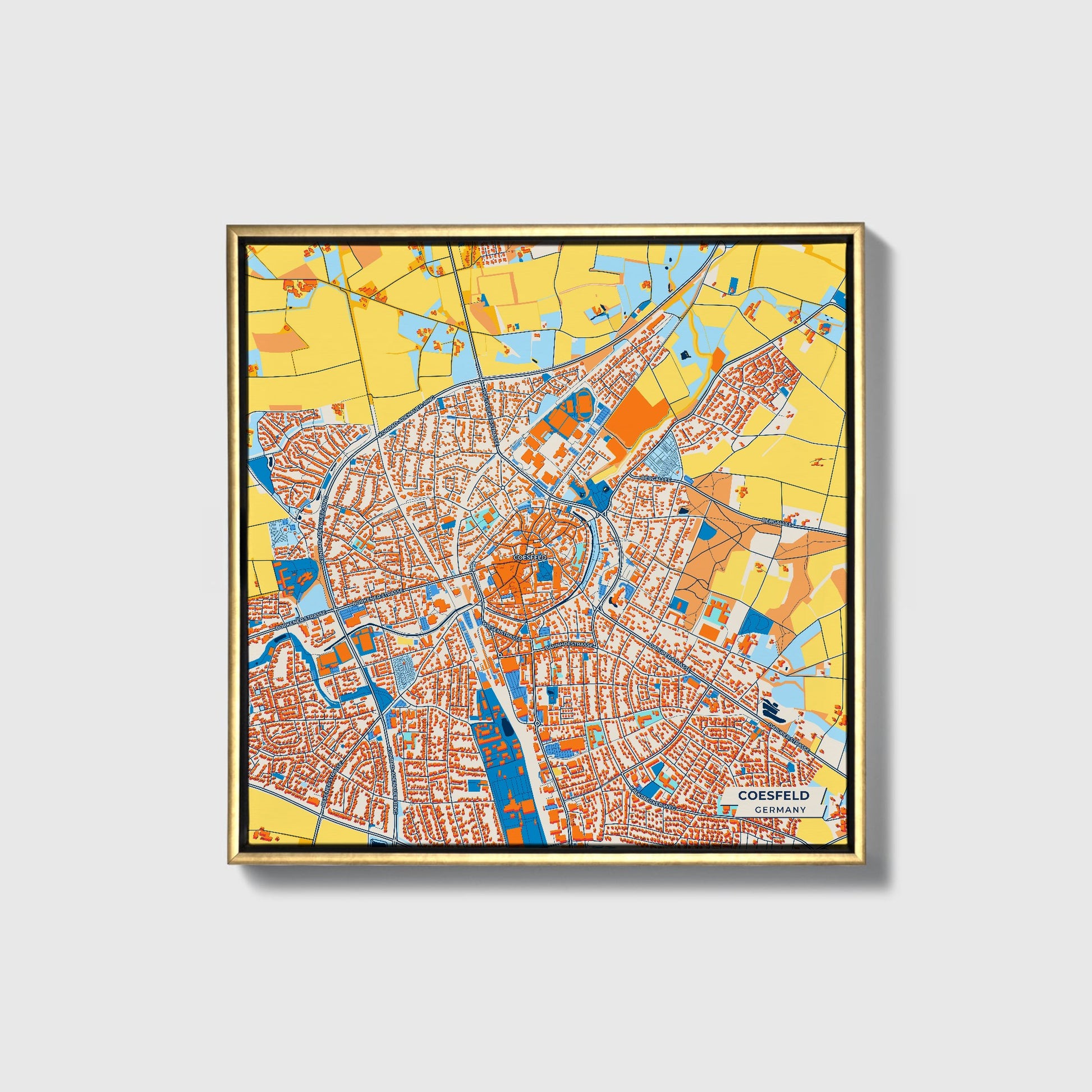 Coesfeld Germany Colorful City Map Canvas Print • Gold Framed