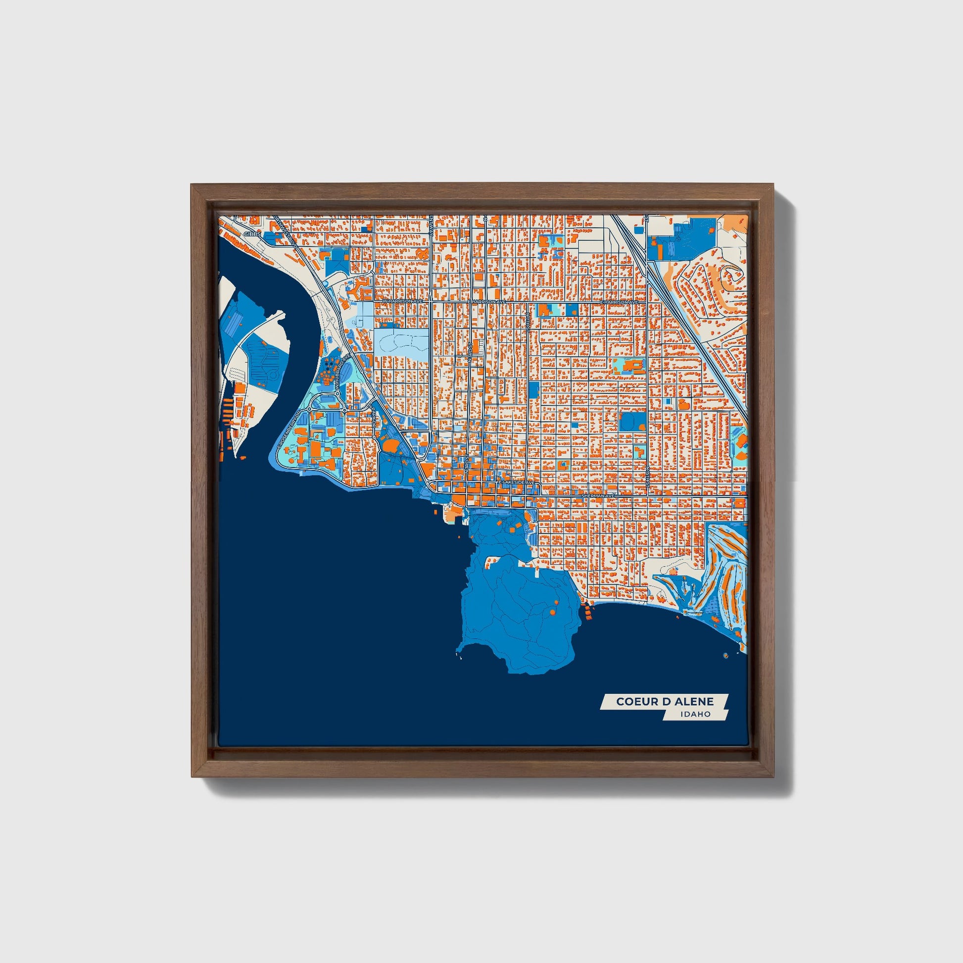 Coeur D Alene Idaho Colorful City Map Canvas Print • Dark Wooden Framed