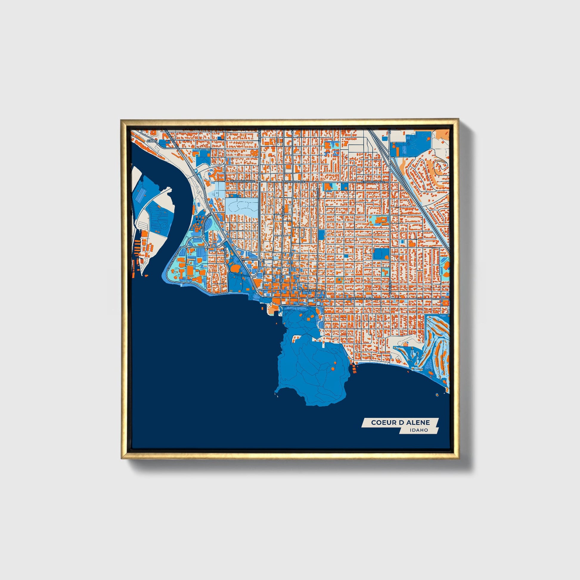 Coeur D Alene Idaho Colorful City Map Canvas Print • Gold Framed