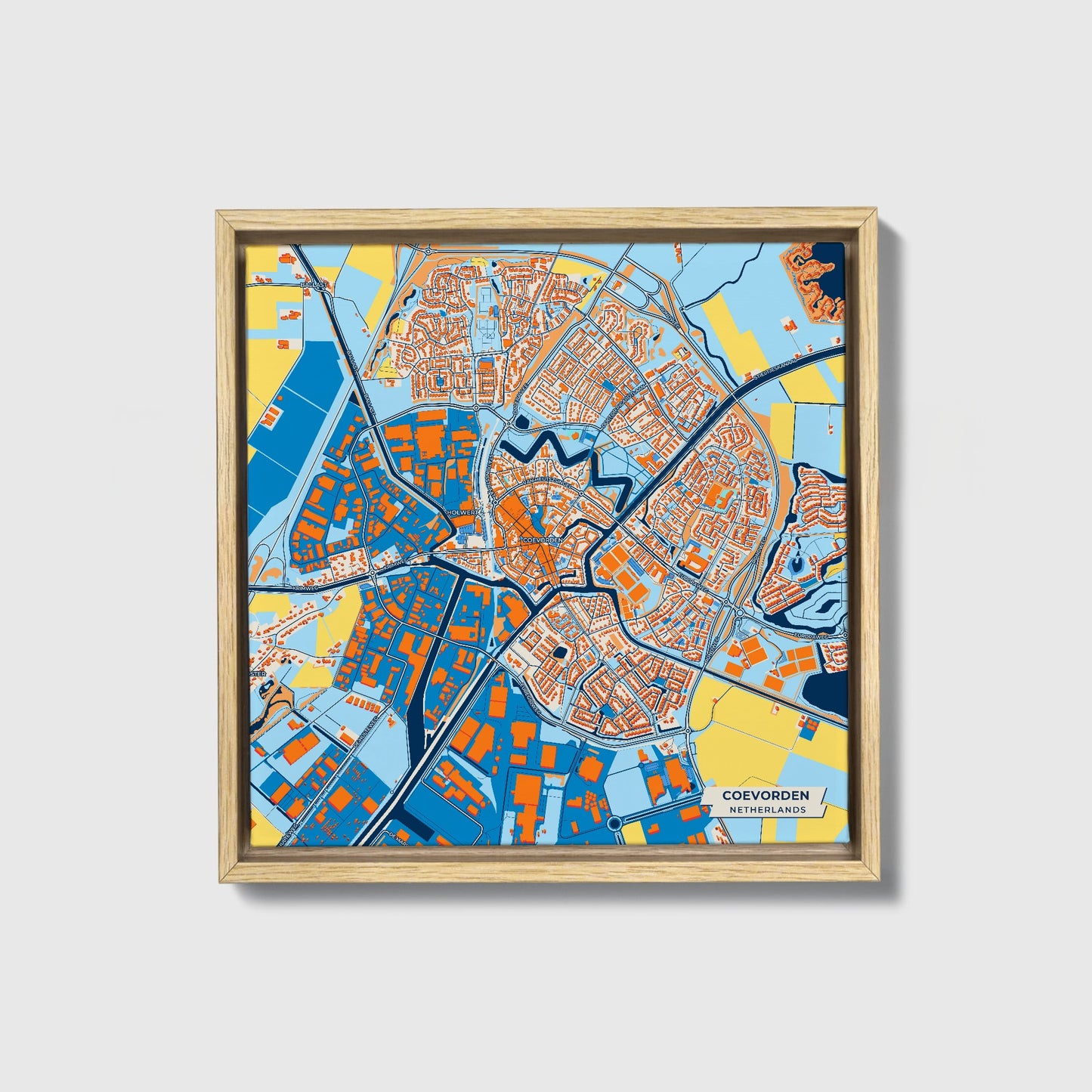 Coevorden Netherlands Colorful City Map Canvas Print • Natural Wooden Framed