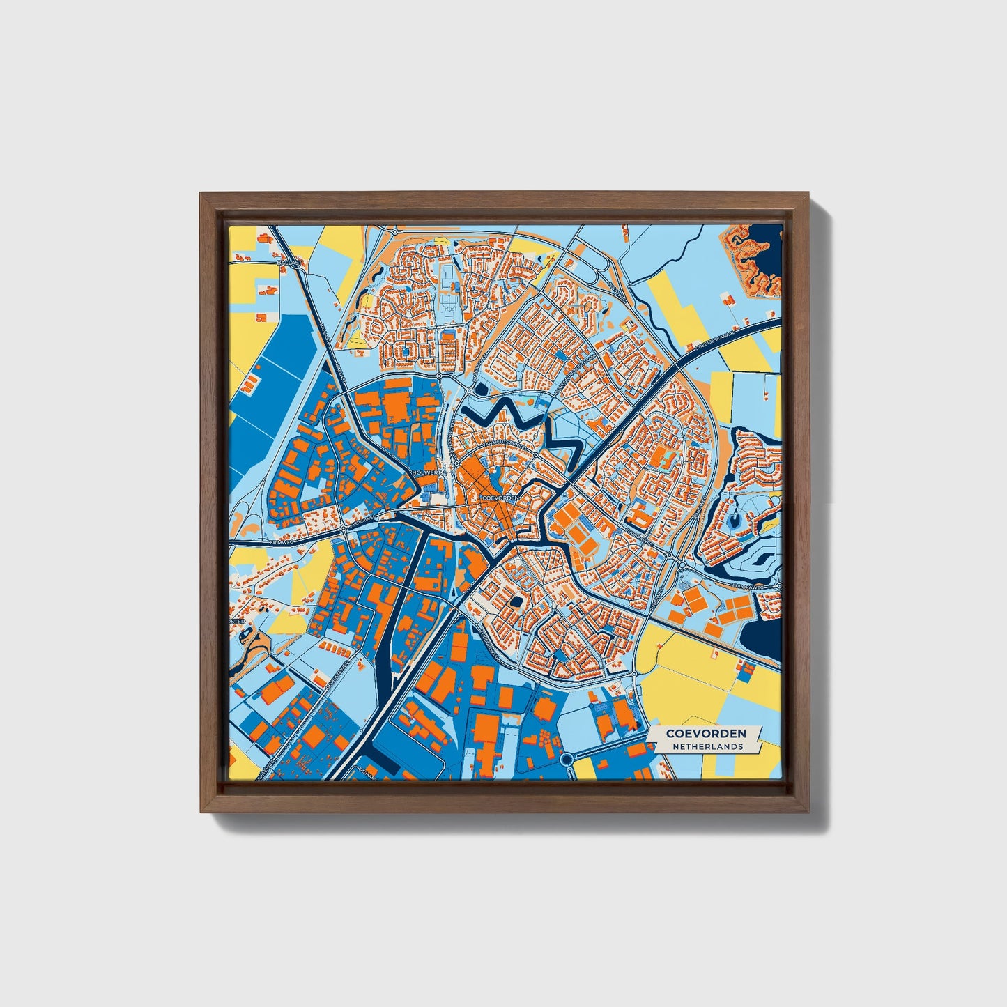 Coevorden Netherlands Colorful City Map Canvas Print • Dark Wooden Framed