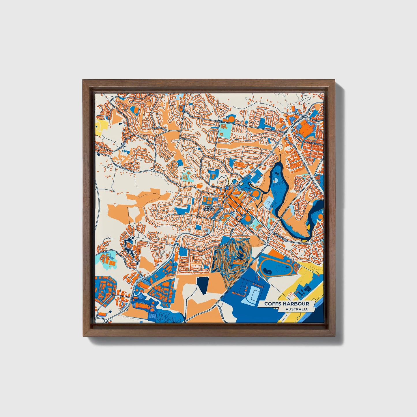 Coffs Harbour Australia Colorful City Map Canvas Print • Dark Wooden Framed
