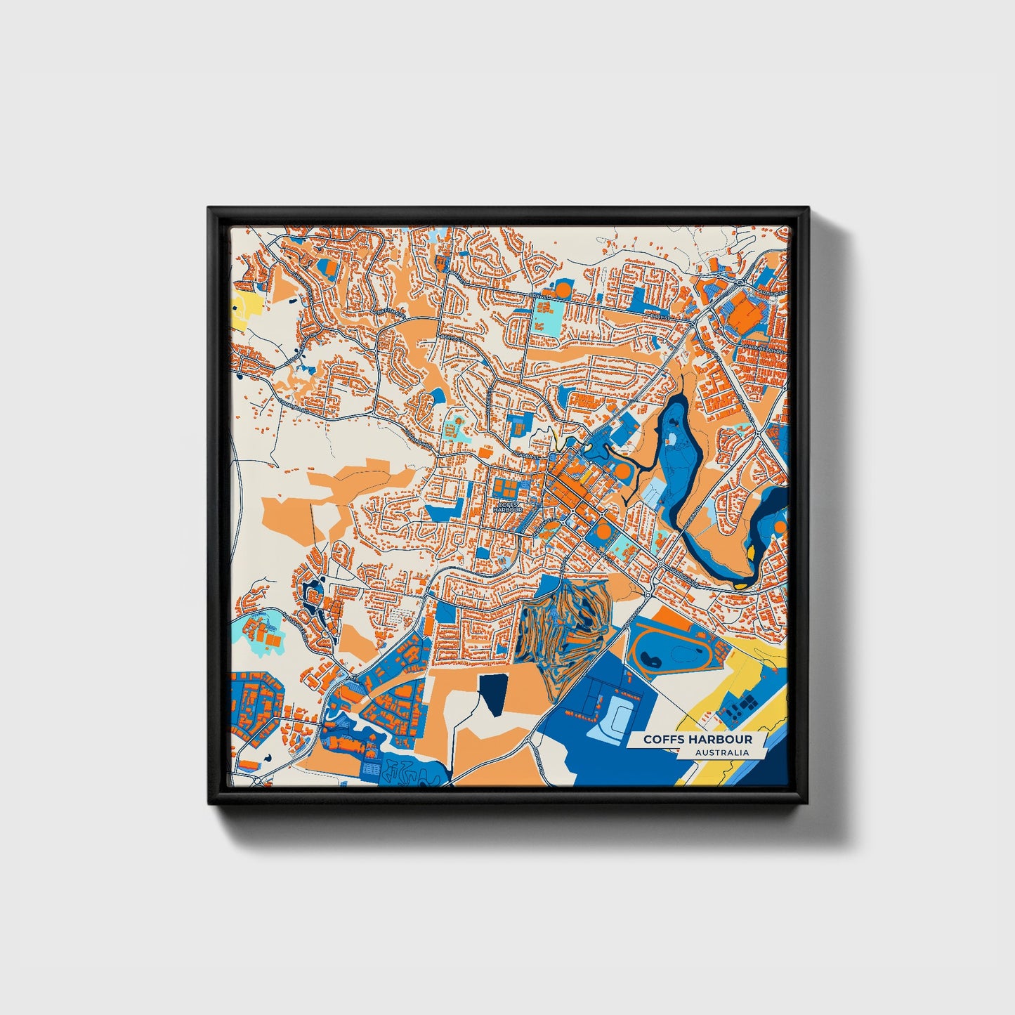 Coffs Harbour Australia Colorful City Map Canvas Print • Black Framed