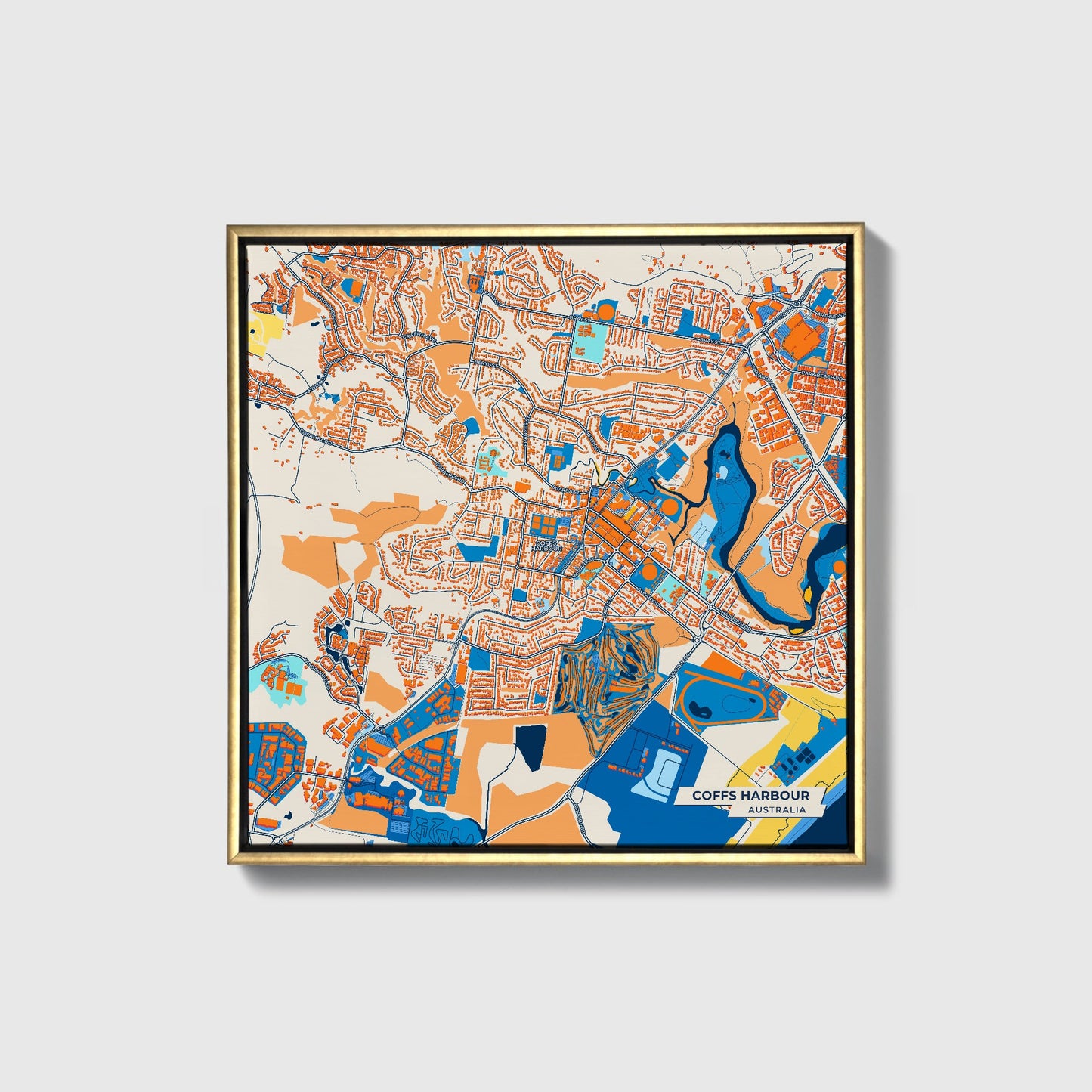 Coffs Harbour Australia Colorful City Map Canvas Print • Gold Framed