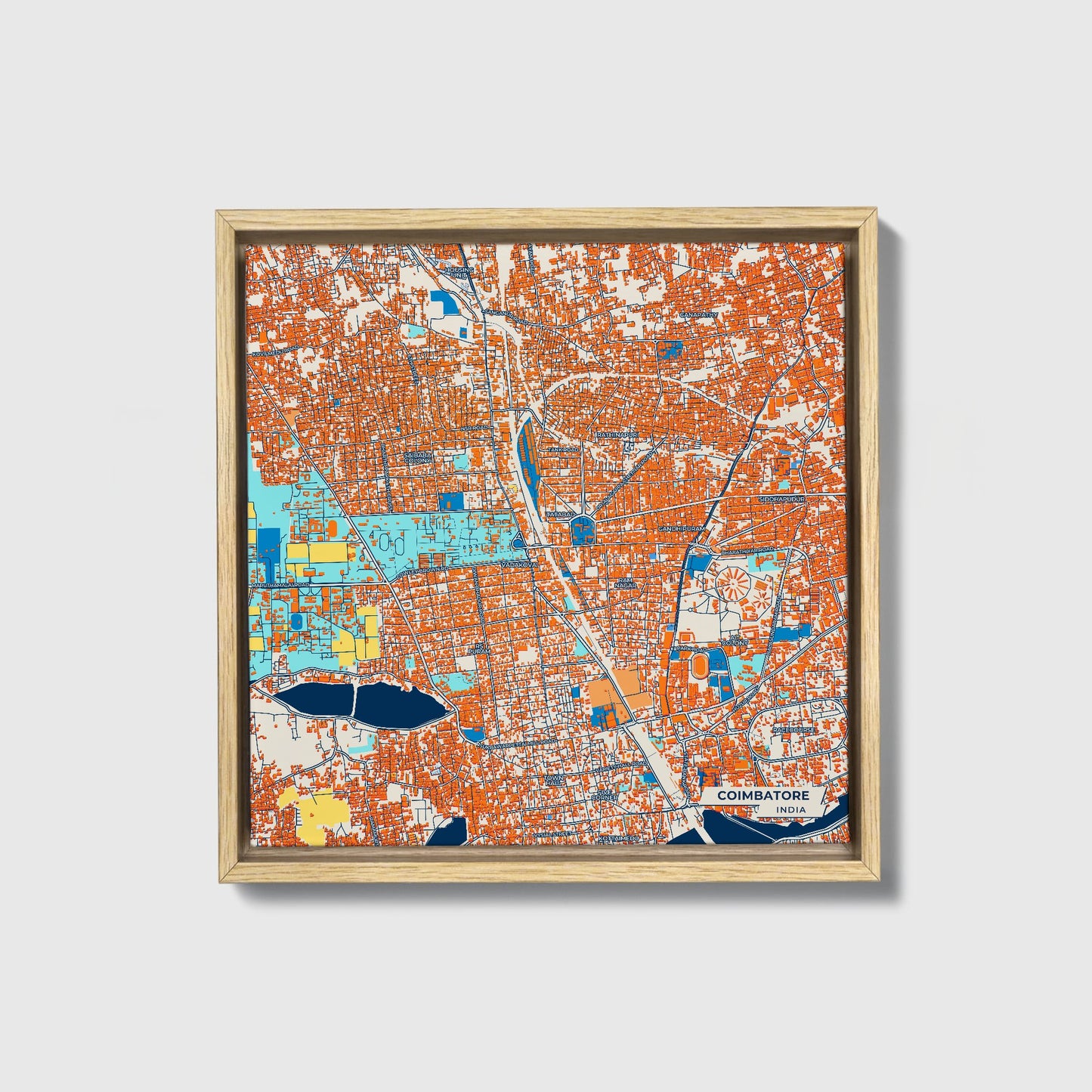 Coimbatore India Colorful City Map Canvas Print • Natural Wooden Framed