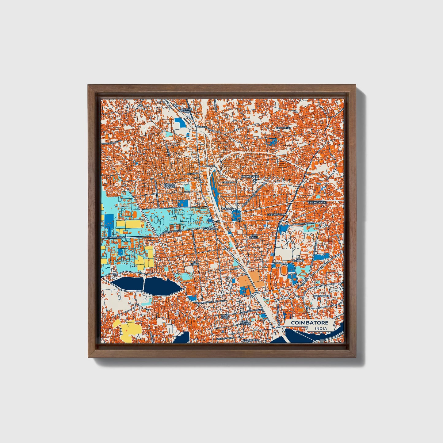 Coimbatore India Colorful City Map Canvas Print • Dark Wooden Framed
