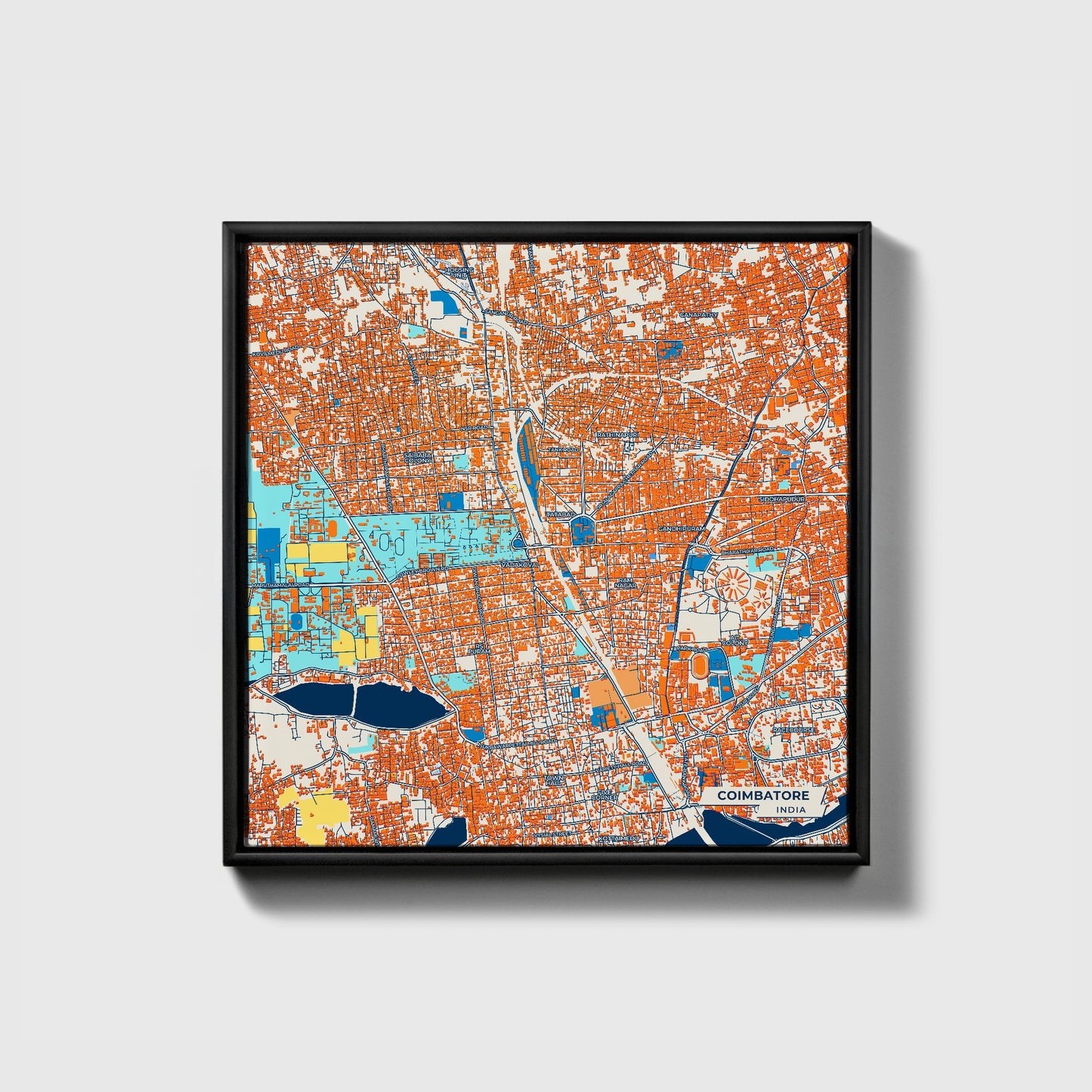 Coimbatore India Colorful City Map Canvas Print • Black Framed
