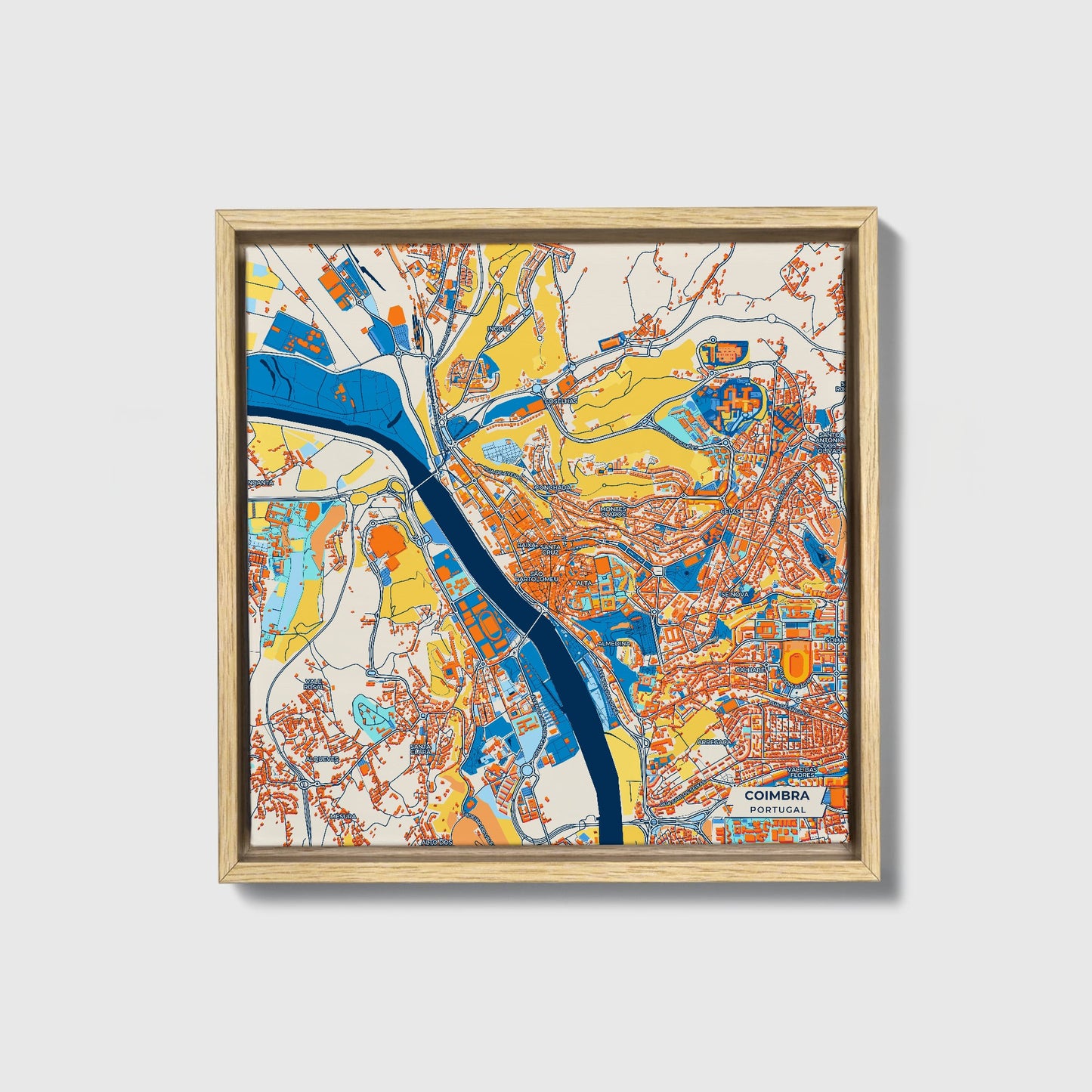 Coimbra Portugal Colorful City Map Canvas Print • Natural Wooden Framed