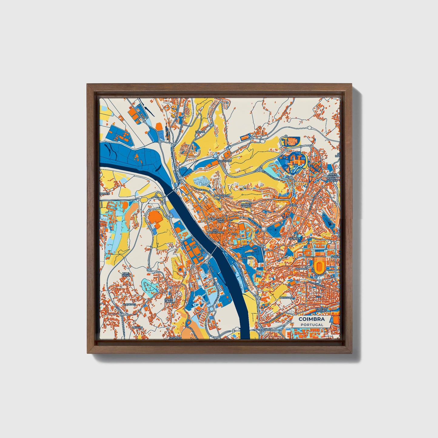 Coimbra Portugal Colorful City Map Canvas Print • Dark Wooden Framed