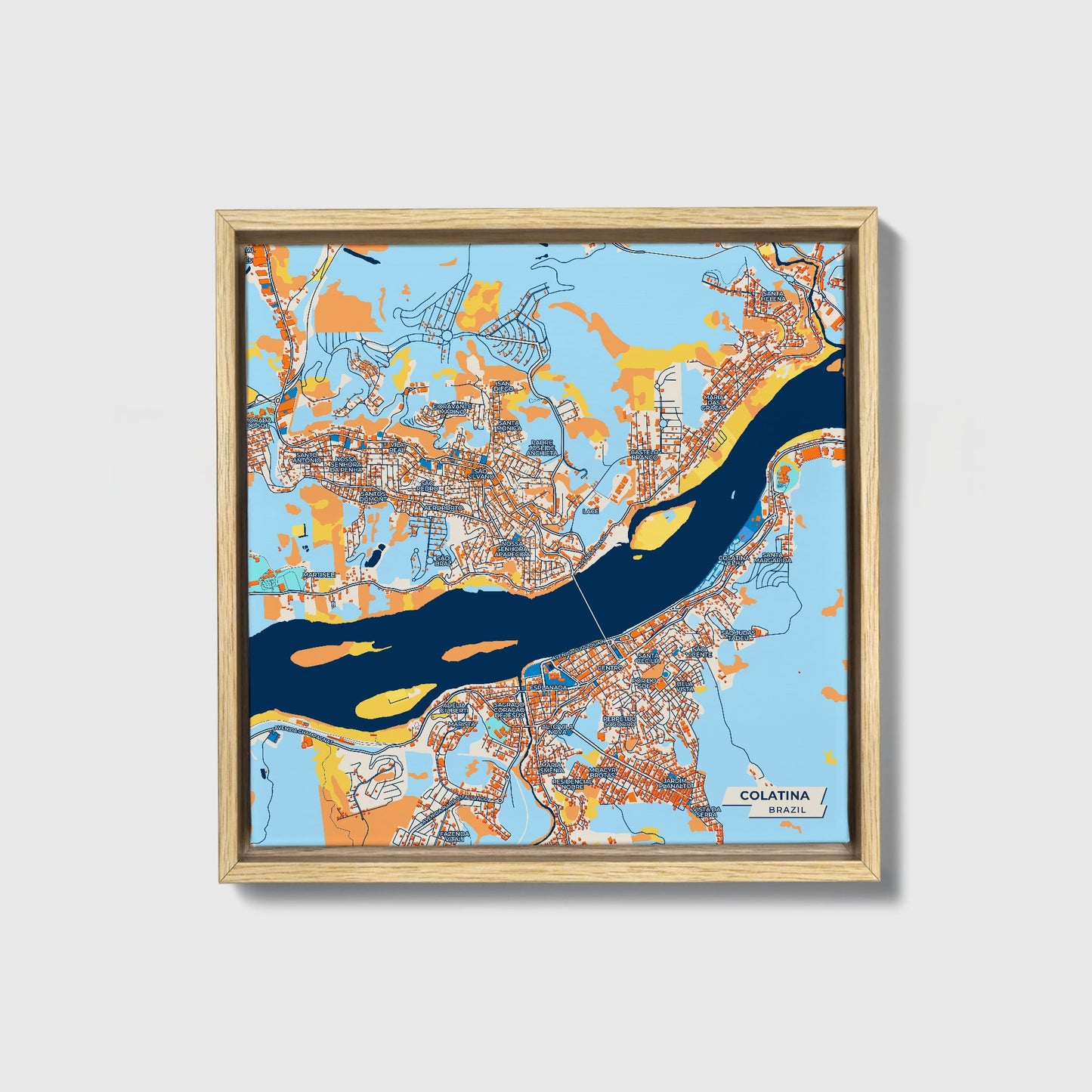 Colatina Brazil Colorful City Map Canvas Print • Natural Wooden Framed