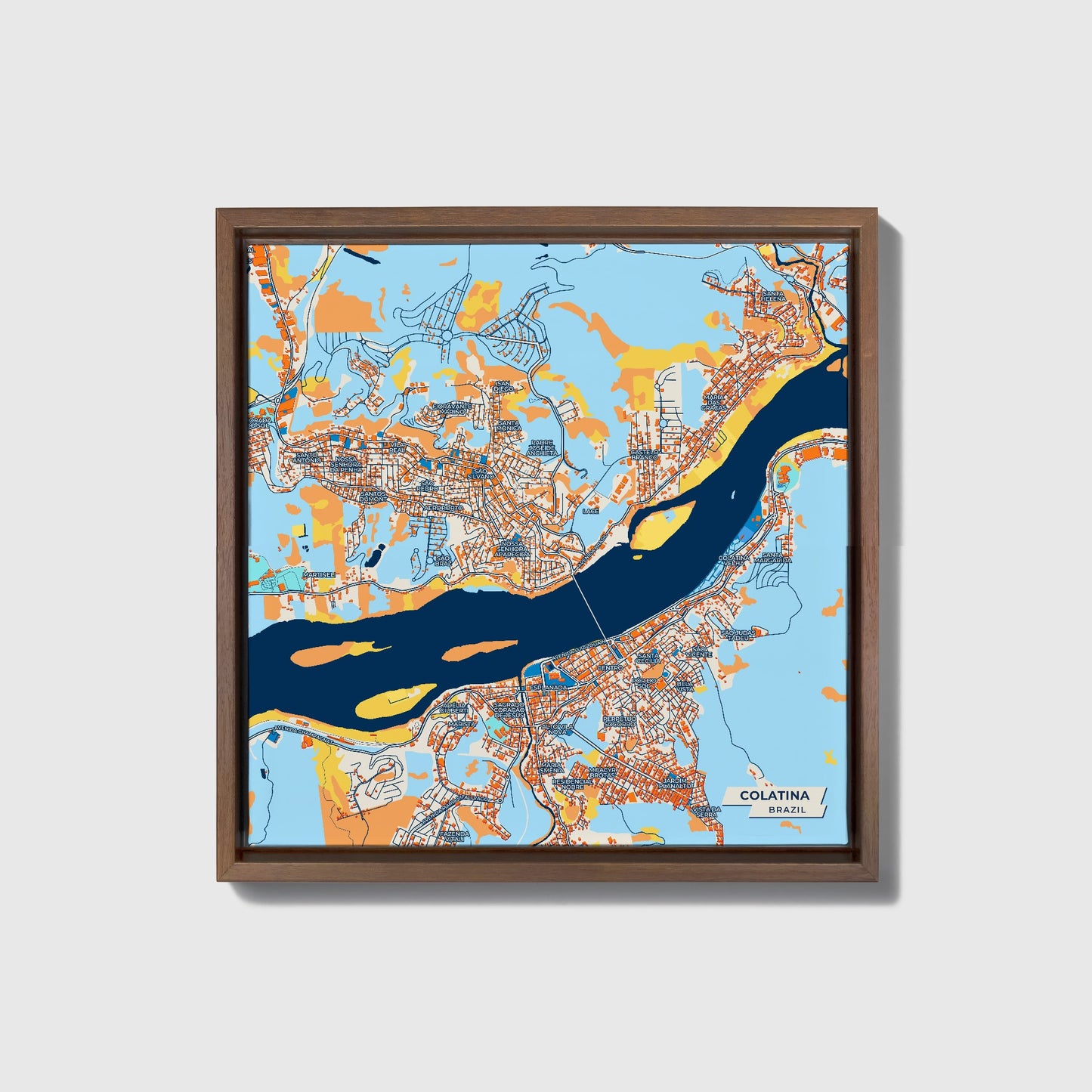 Colatina Brazil Colorful City Map Canvas Print • Dark Wooden Framed