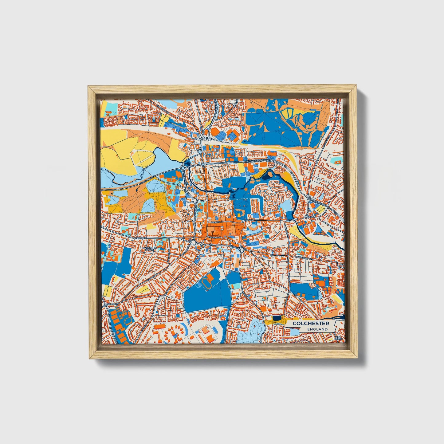 Colchester England Colorful City Map Canvas Print • Natural Wooden Framed