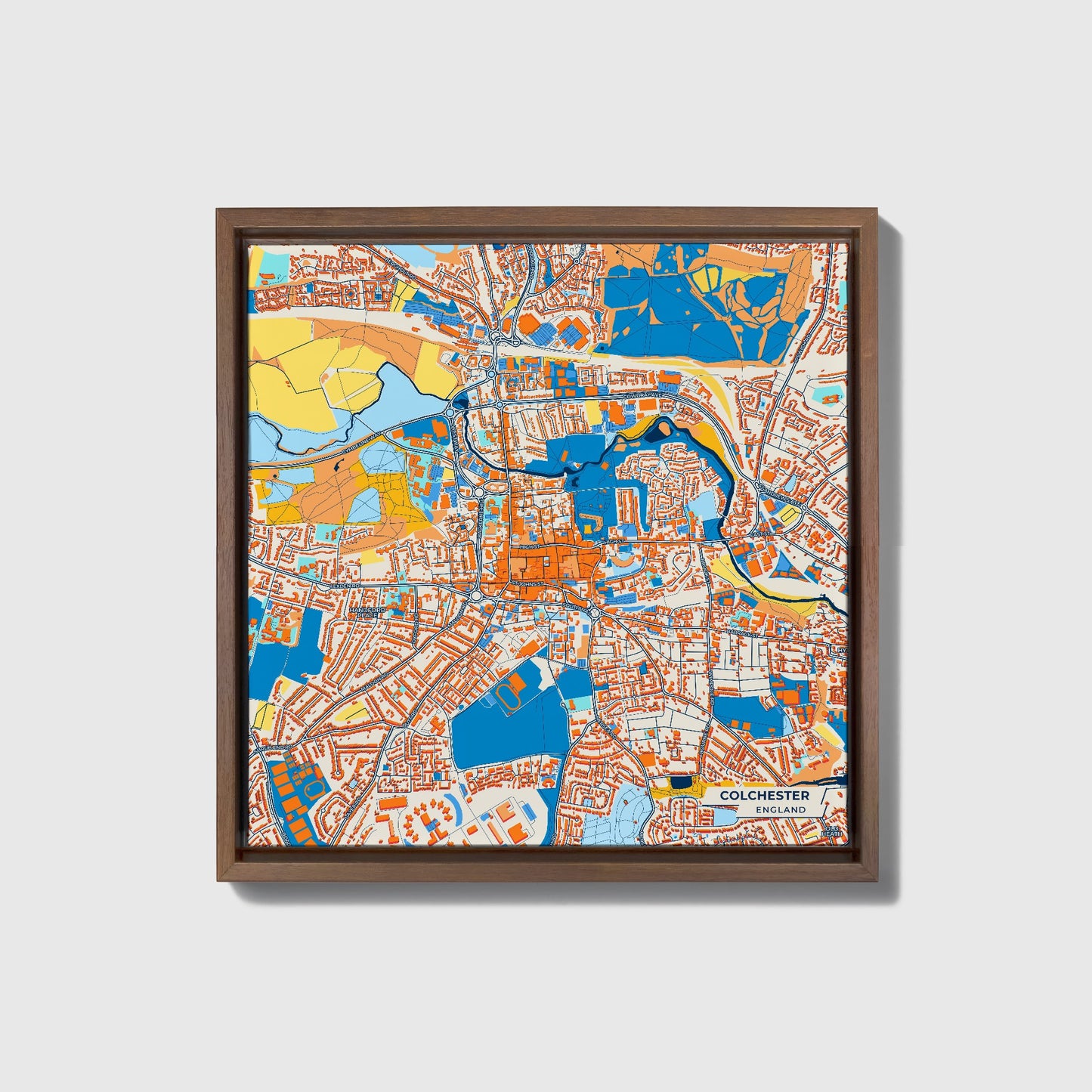 Colchester England Colorful City Map Canvas Print • Dark Wooden Framed