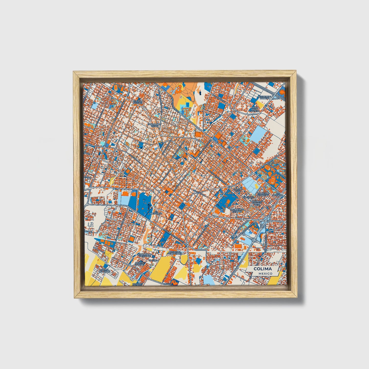 Colima Mexico Colorful City Map Canvas Print • Natural Wooden Framed