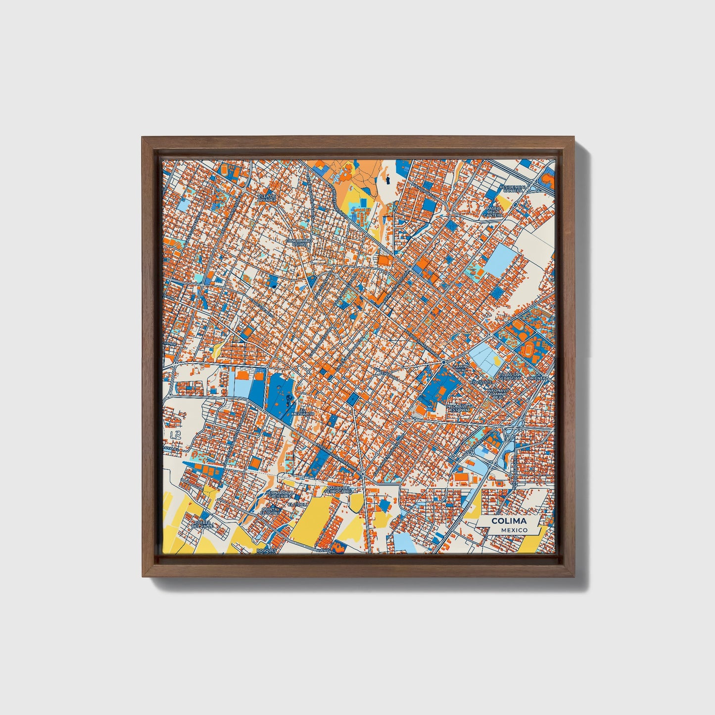 Colima Mexico Colorful City Map Canvas Print • Dark Wooden Framed
