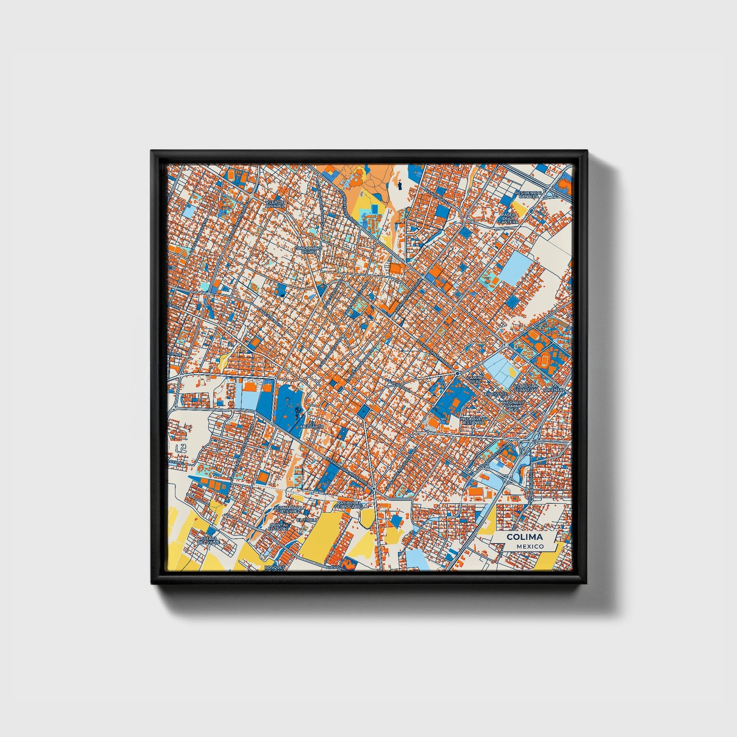 Colima Mexico Colorful City Map Canvas Print • Black Framed