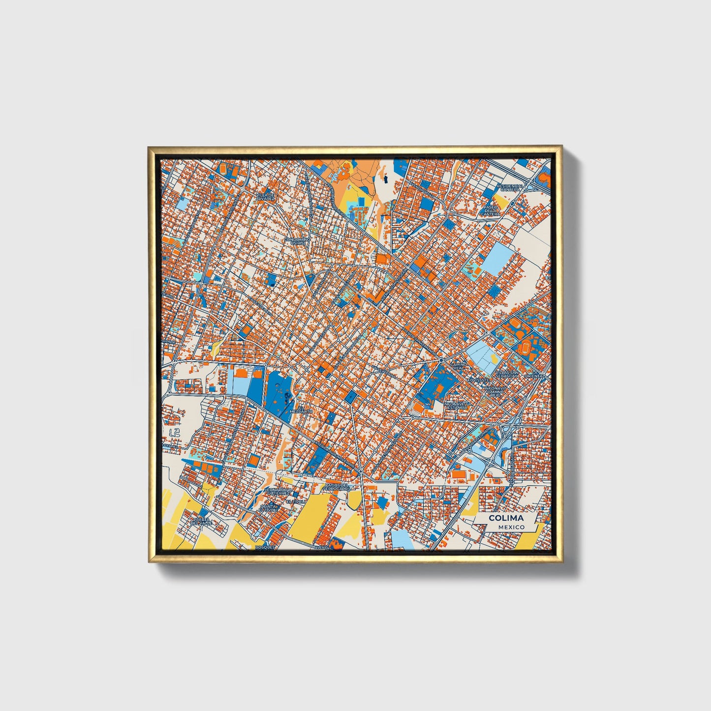 Colima Mexico Colorful City Map Canvas Print • Gold Framed