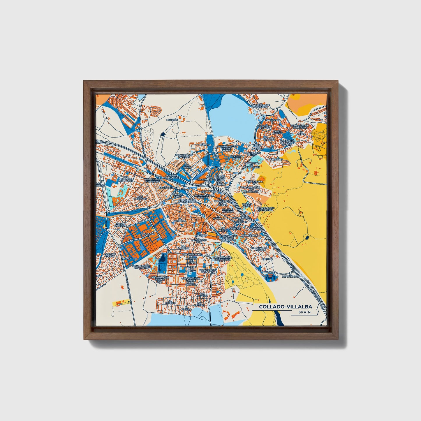 Collado-Villalba Spain Colorful City Map Canvas Print • Dark Wooden Framed