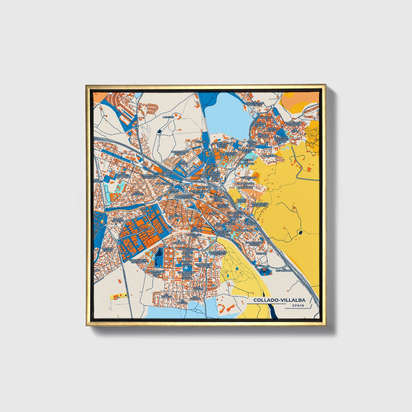 Collado-Villalba Spain Colorful City Map Canvas Print • Gold Framed