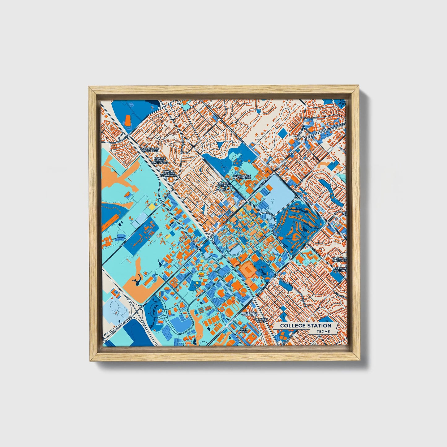 College Station Texas Colorful City Map Canvas Print • Natural Wooden Framed