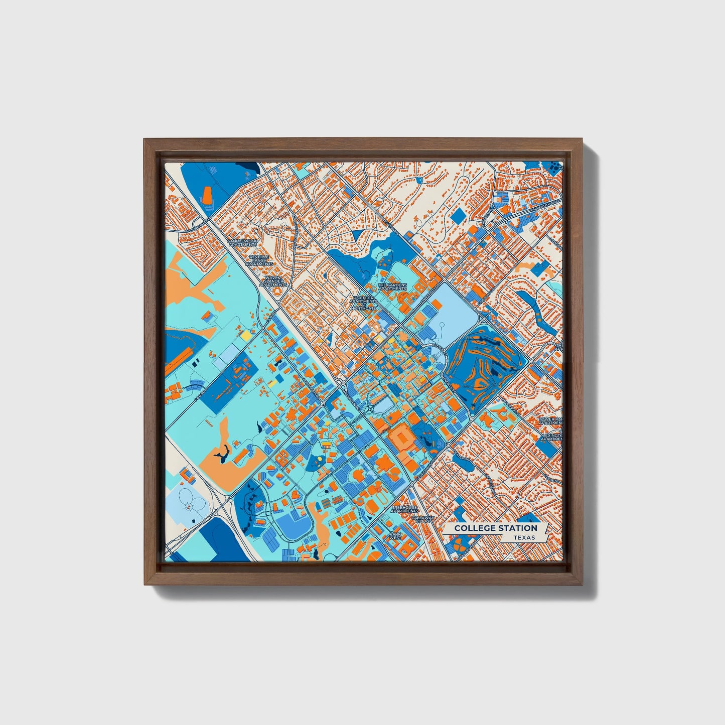 College Station Texas Colorful City Map Canvas Print • Dark Wooden Framed