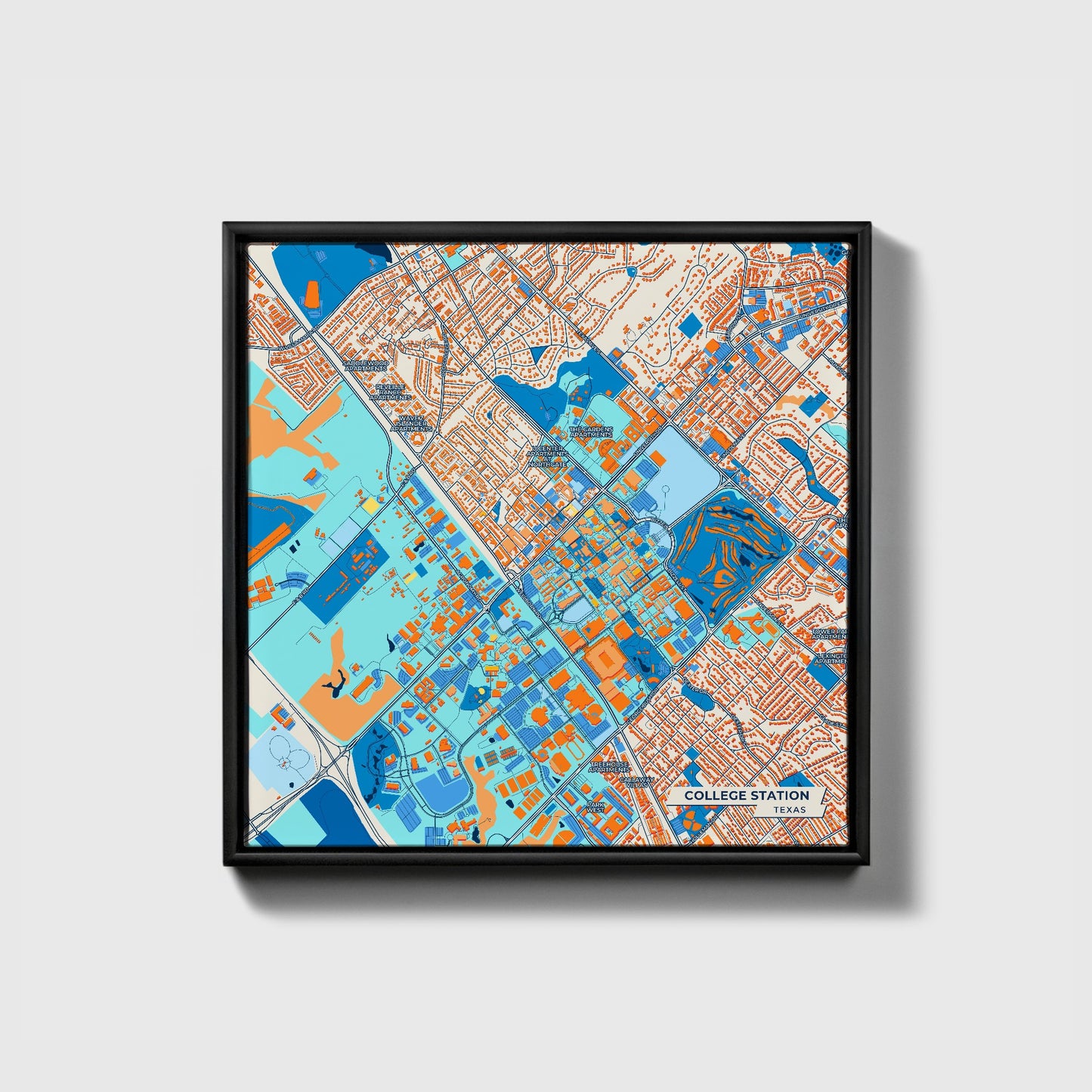College Station Texas Colorful City Map Canvas Print • Black Framed
