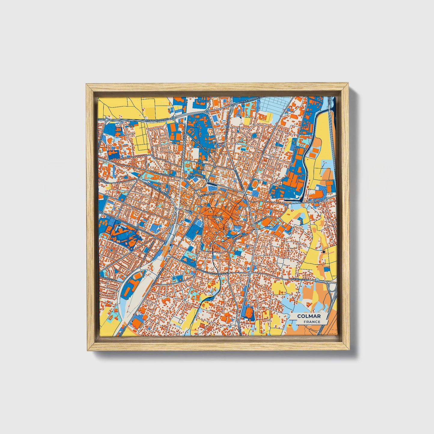 Colmar France Colorful City Map Canvas Print • Natural Wooden Framed