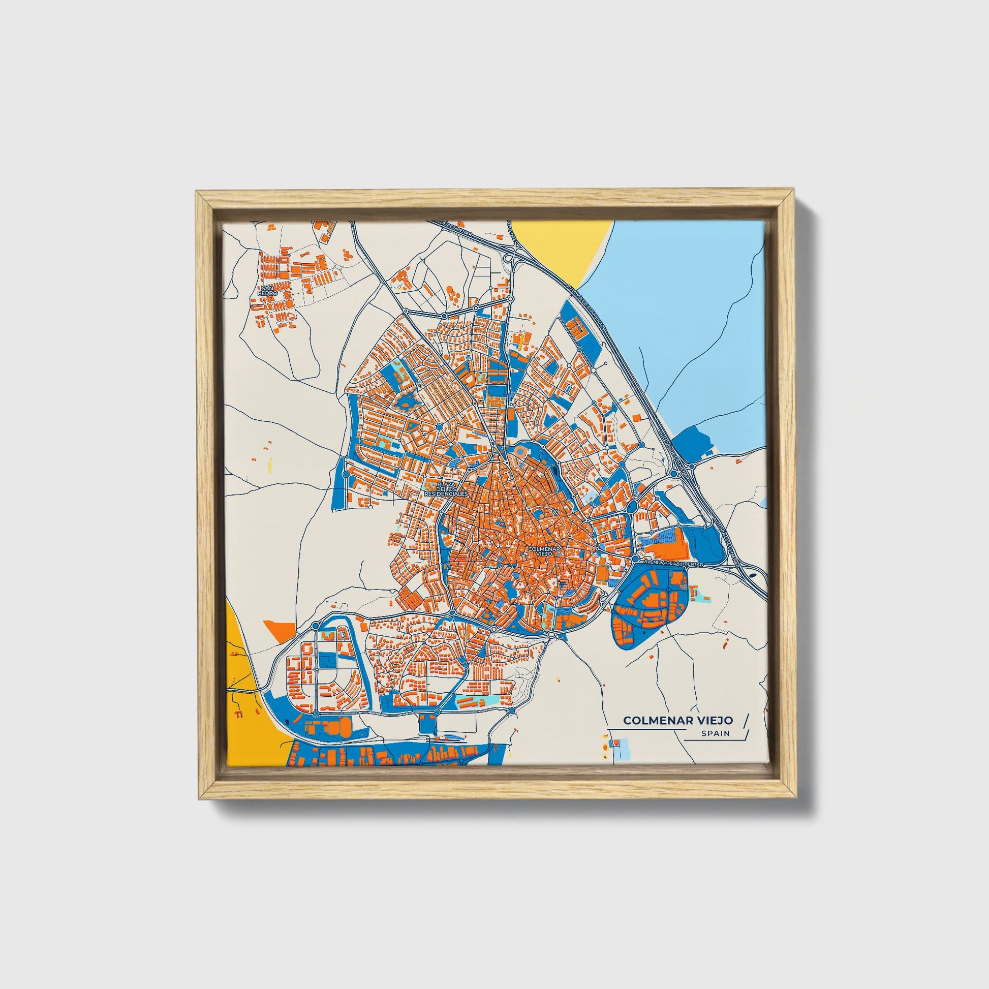 Colmenar Viejo Spain Colorful City Map Canvas Print • Natural Wooden Framed