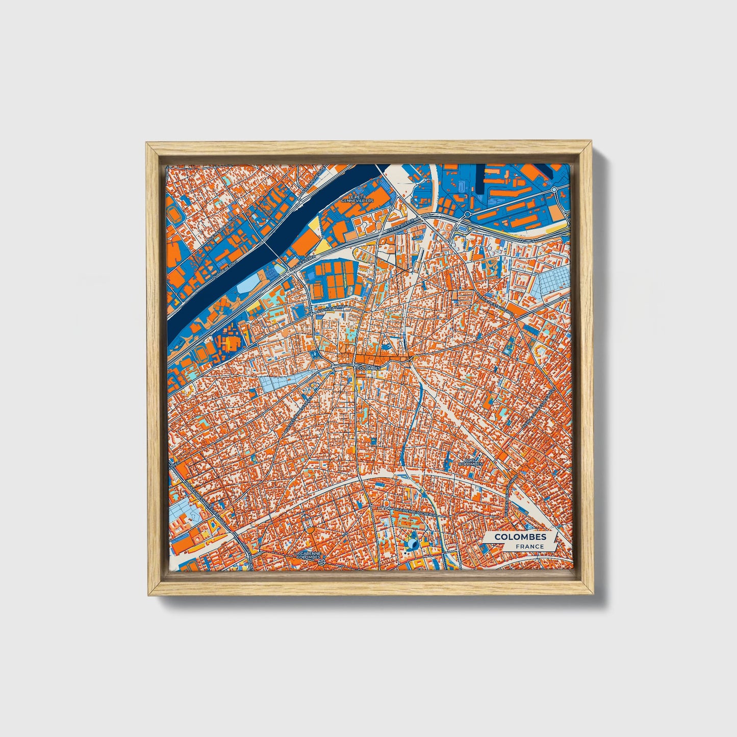 Colombes France Colorful City Map Canvas Print • Natural Wooden Framed