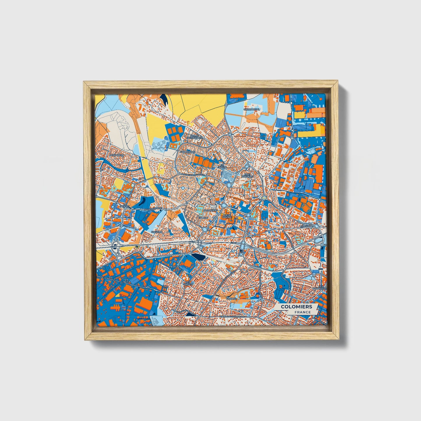 Colomiers France Colorful City Map Canvas Print • Natural Wooden Framed