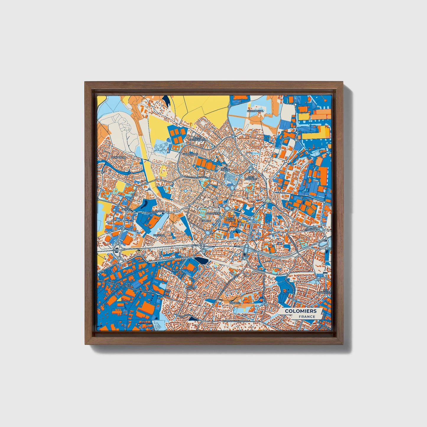 Colomiers France Colorful City Map Canvas Print • Dark Wooden Framed