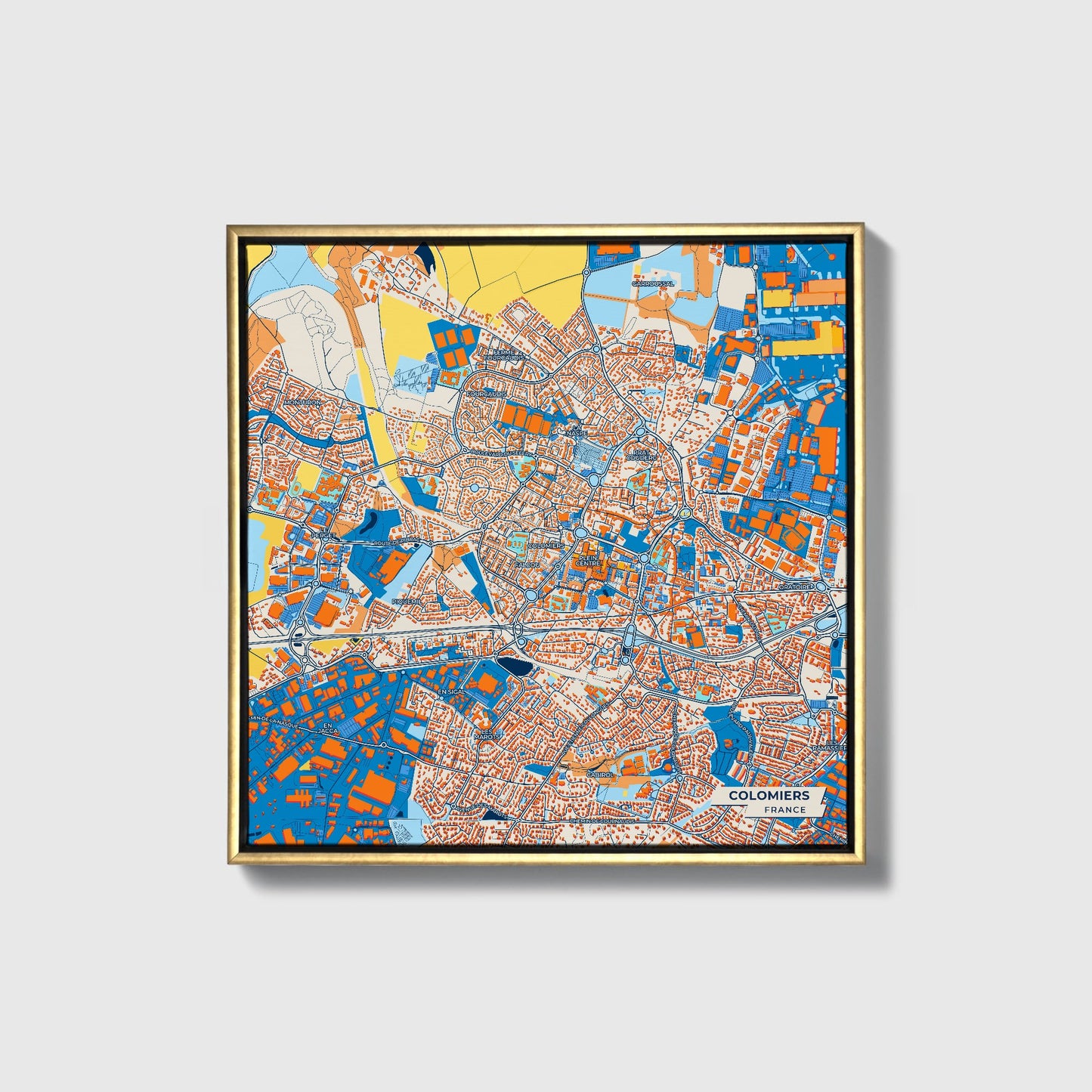 Colomiers France Colorful City Map Canvas Print • Gold Framed