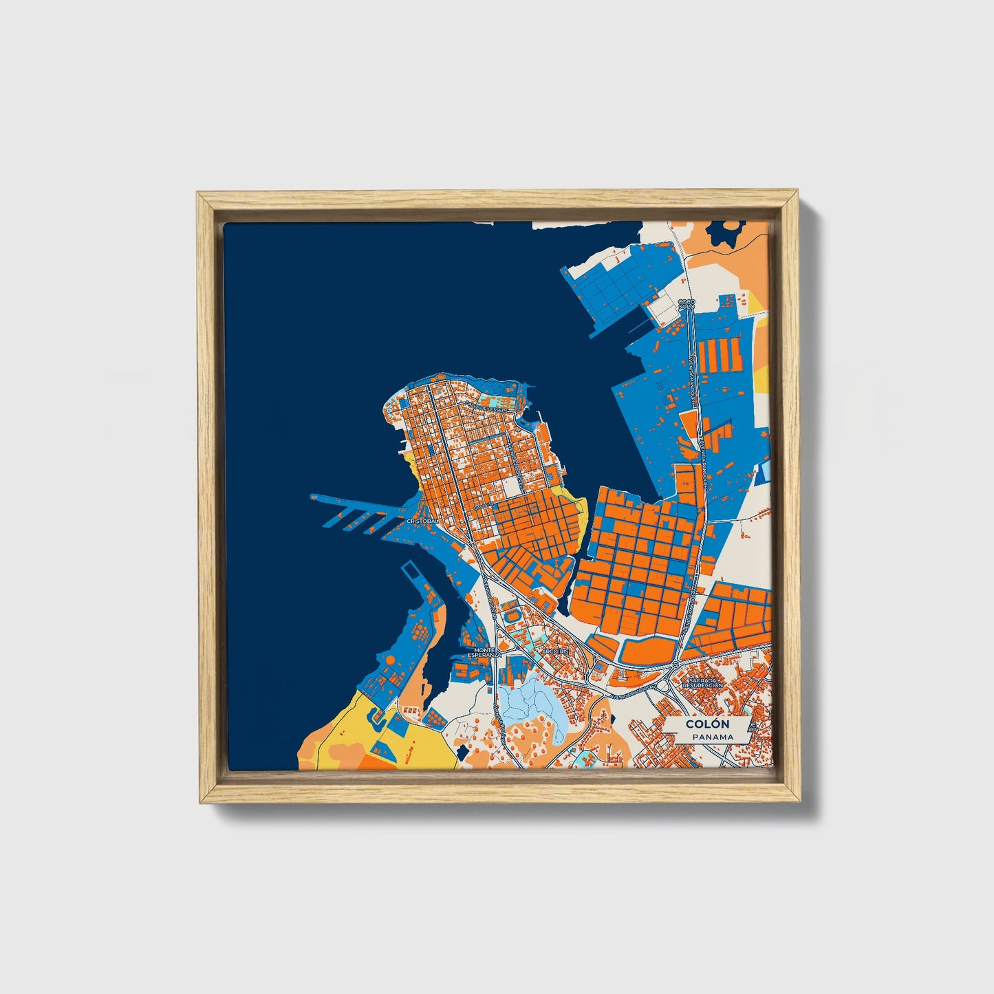 Colón Panama Colorful City Map Canvas Print • Natural Wooden Framed
