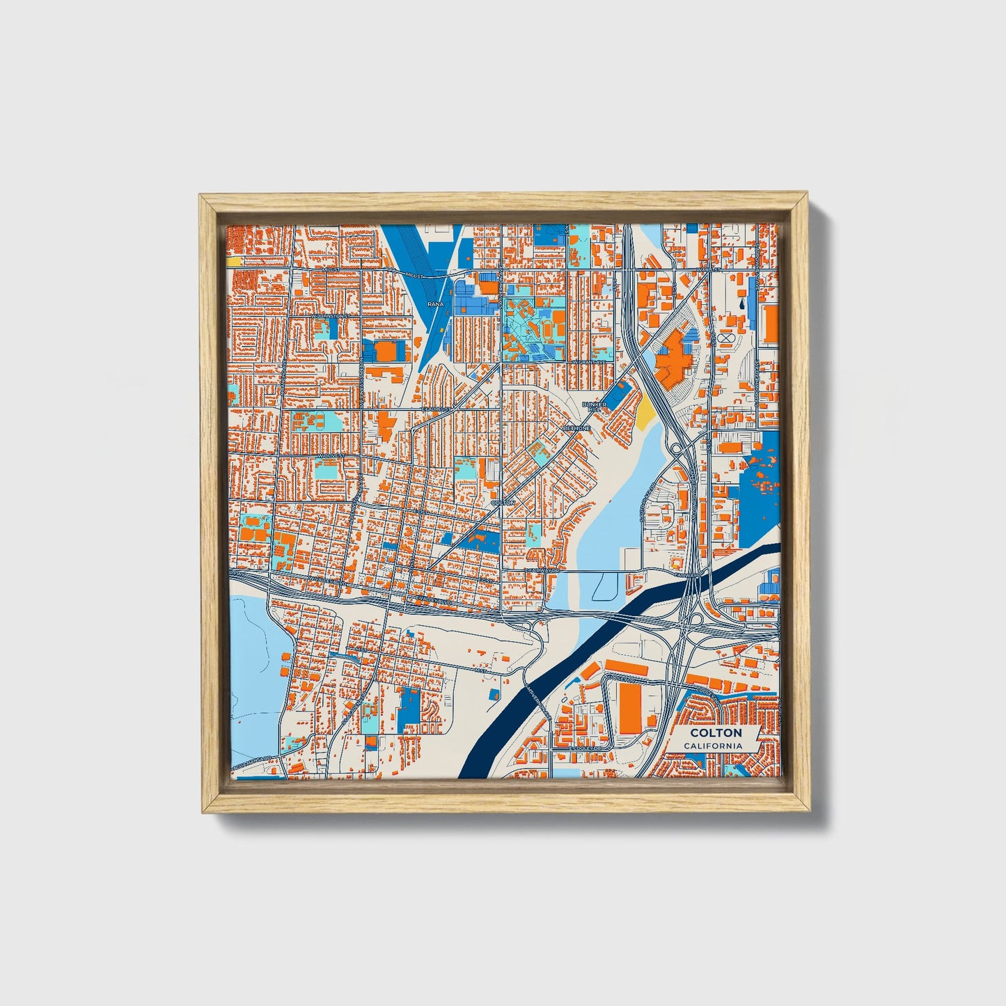 Colton California Colorful City Map Canvas Print • Natural Wooden Framed