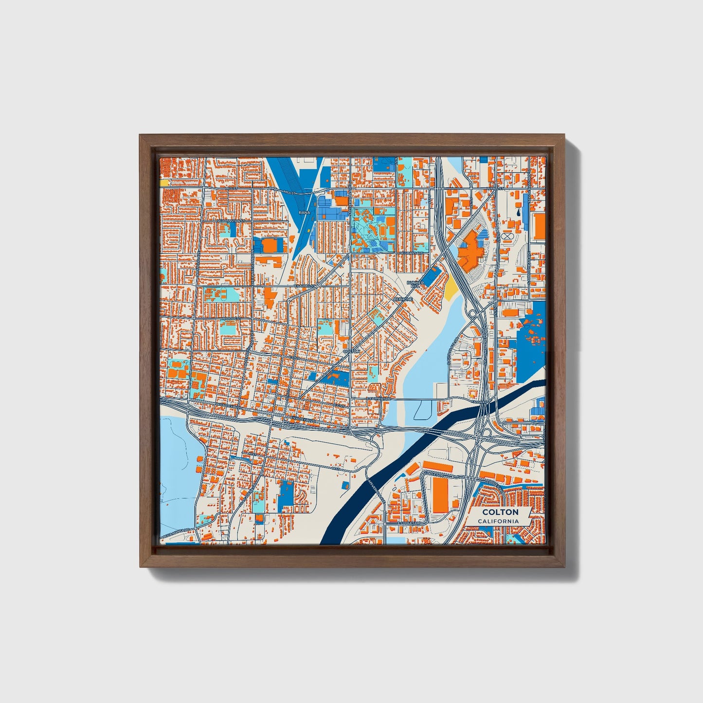 Colton California Colorful City Map Canvas Print • Dark Wooden Framed