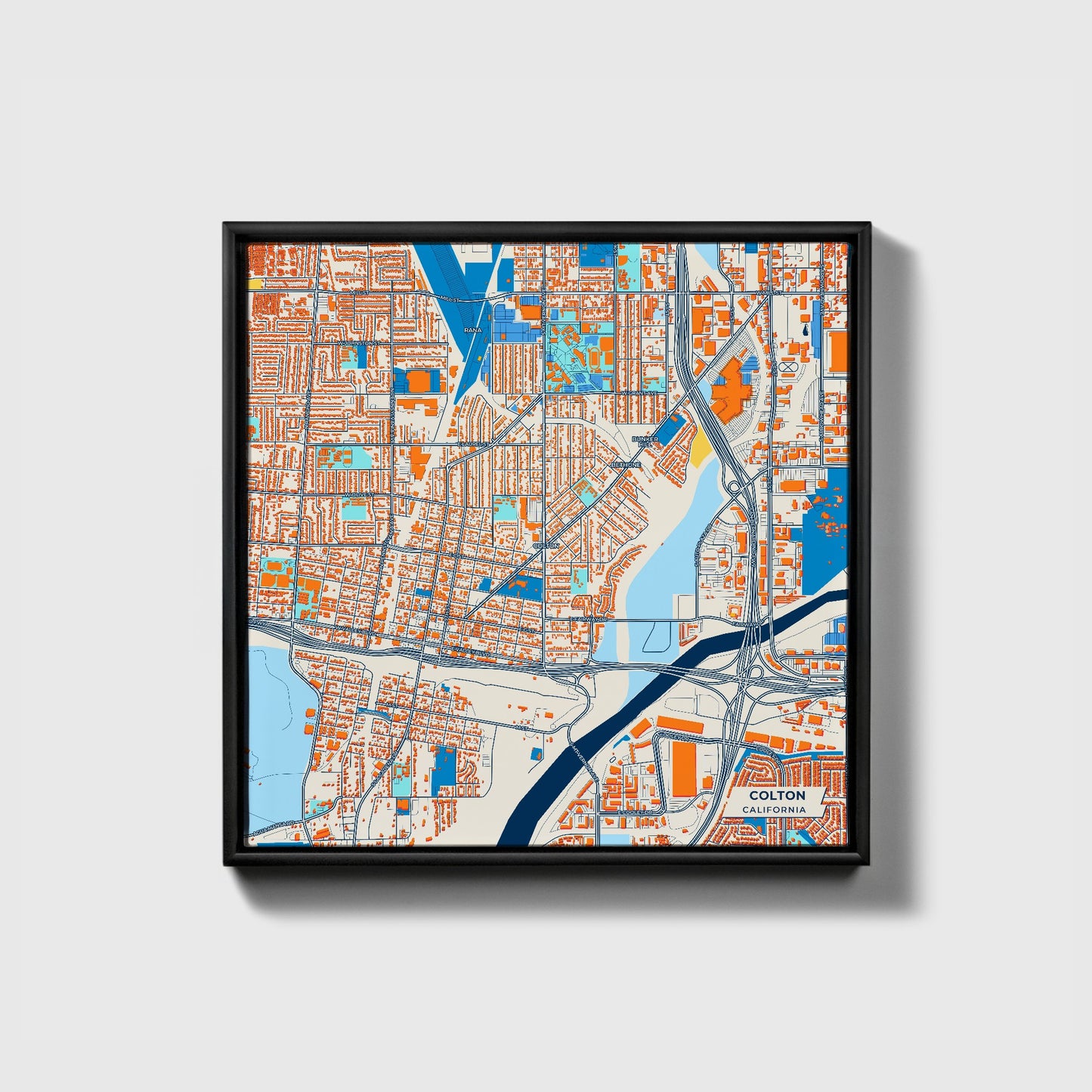 Colton California Colorful City Map Canvas Print • Black Framed