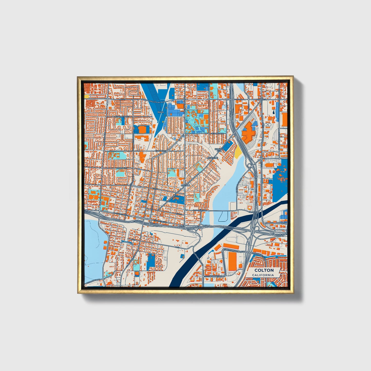 Colton California Colorful City Map Canvas Print • Gold Framed