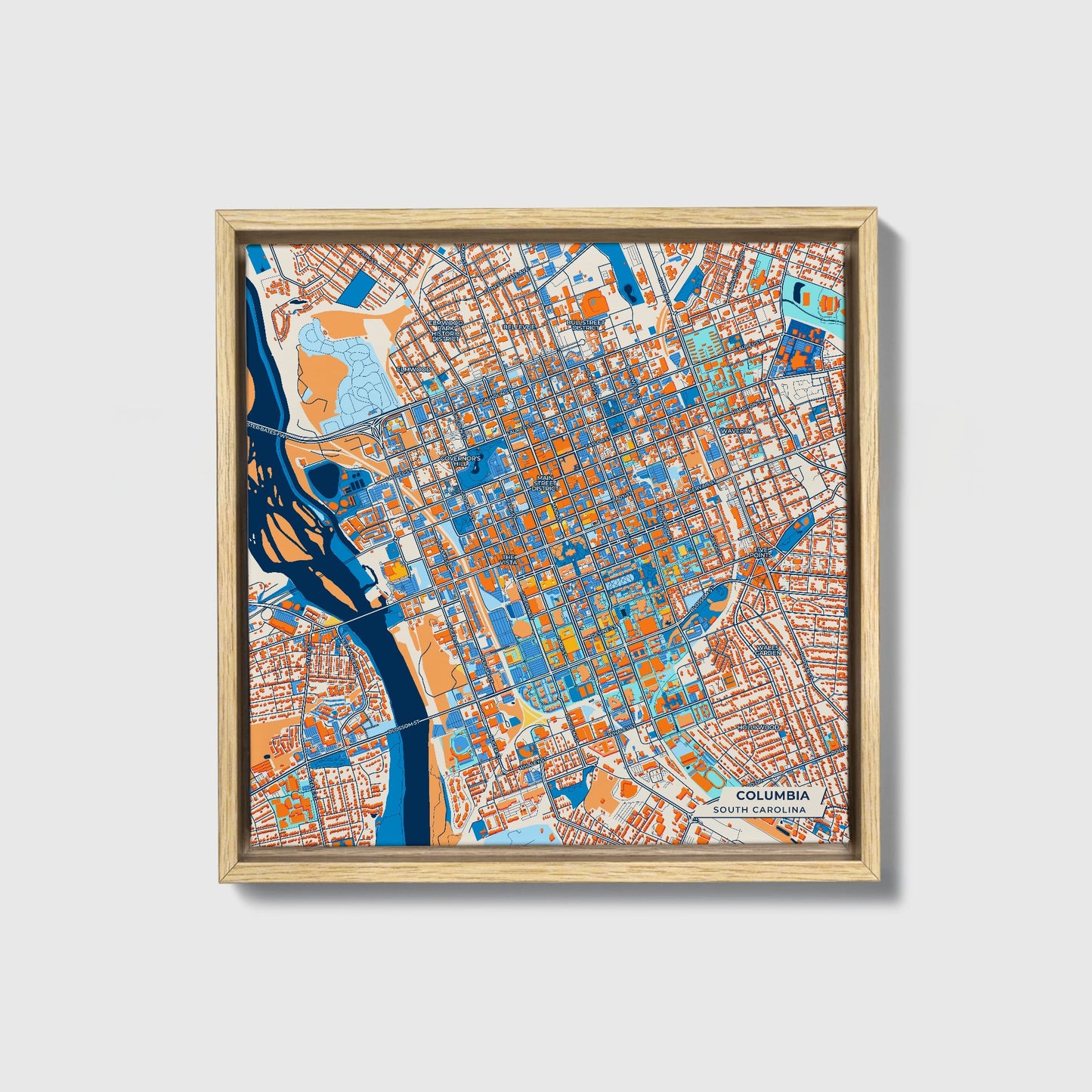 Columbia South Carolina Colorful City Map Canvas Print • Natural Wooden Framed
