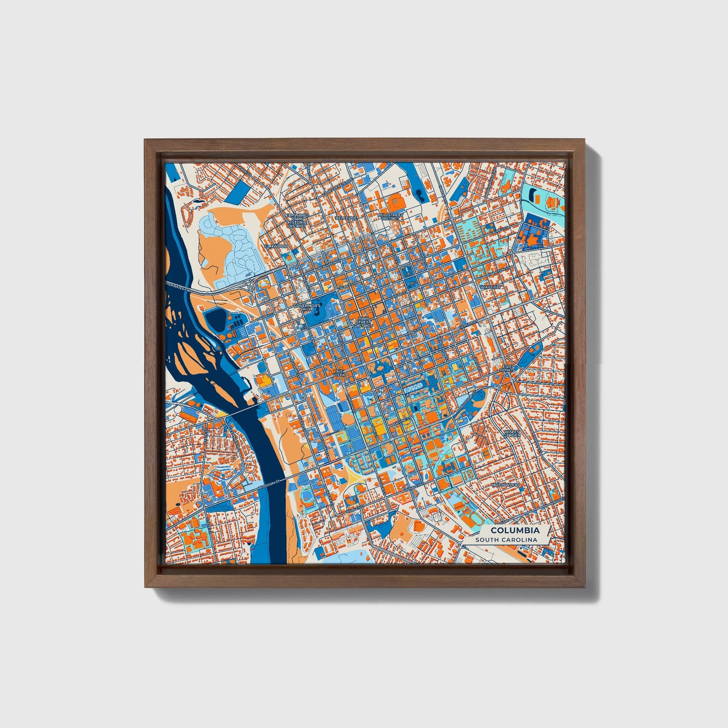 Columbia South Carolina Colorful City Map Canvas Print • Dark Wooden Framed