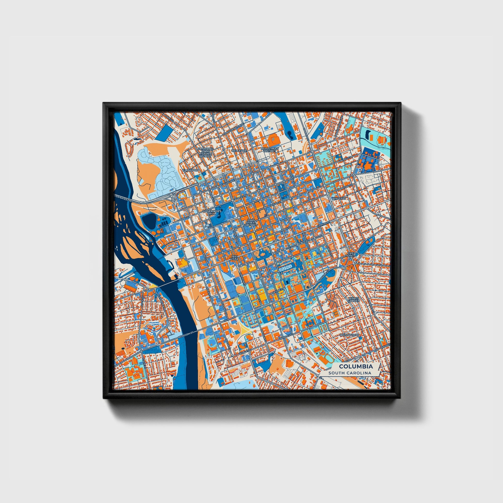 Columbia South Carolina Colorful City Map Canvas Print • Black Framed