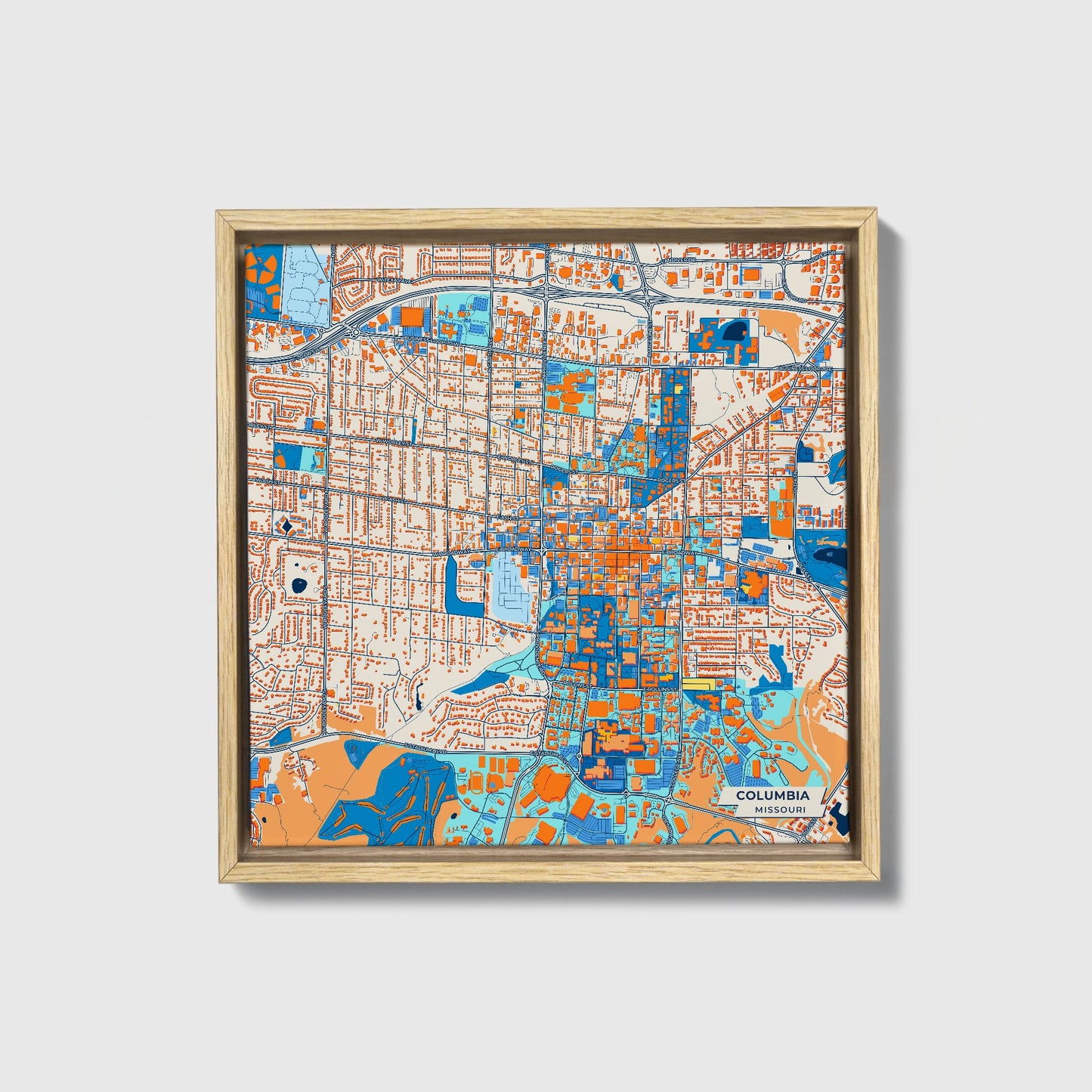 Columbia Missouri Colorful City Map Canvas Print • Natural Wooden Framed